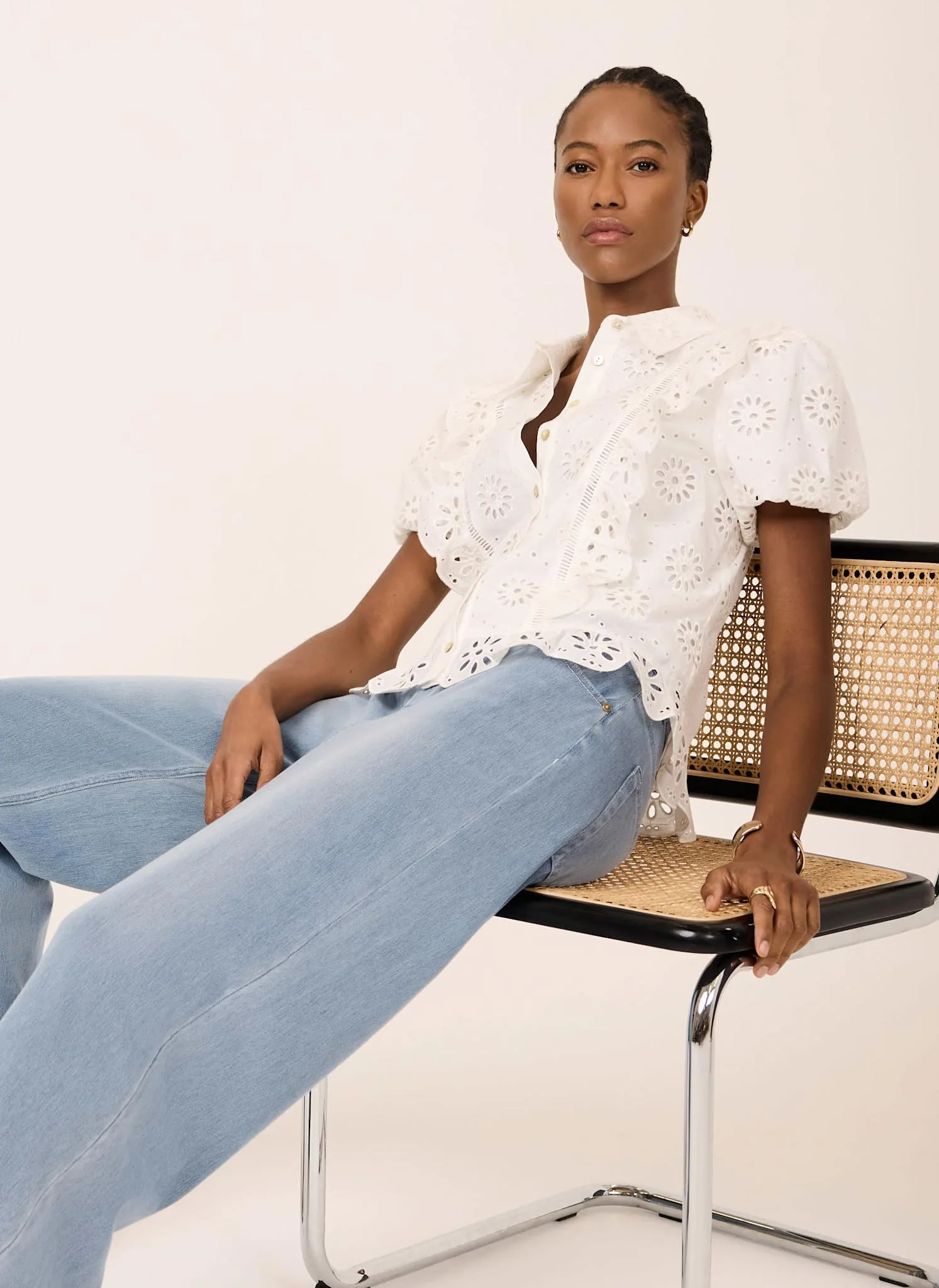 White Cotton Broderie Detail Shirt