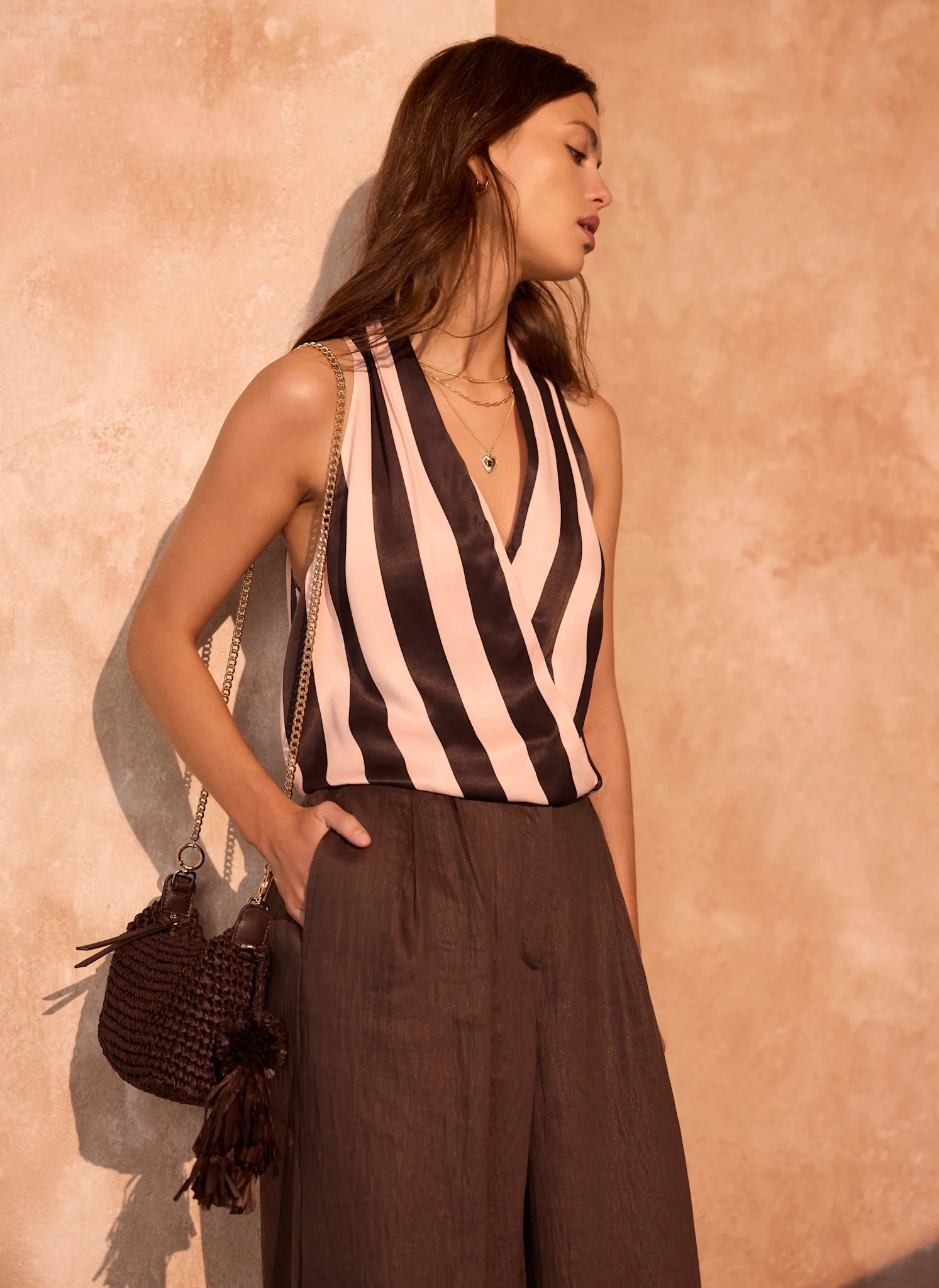 Pink & Brown Striped Wrap Top