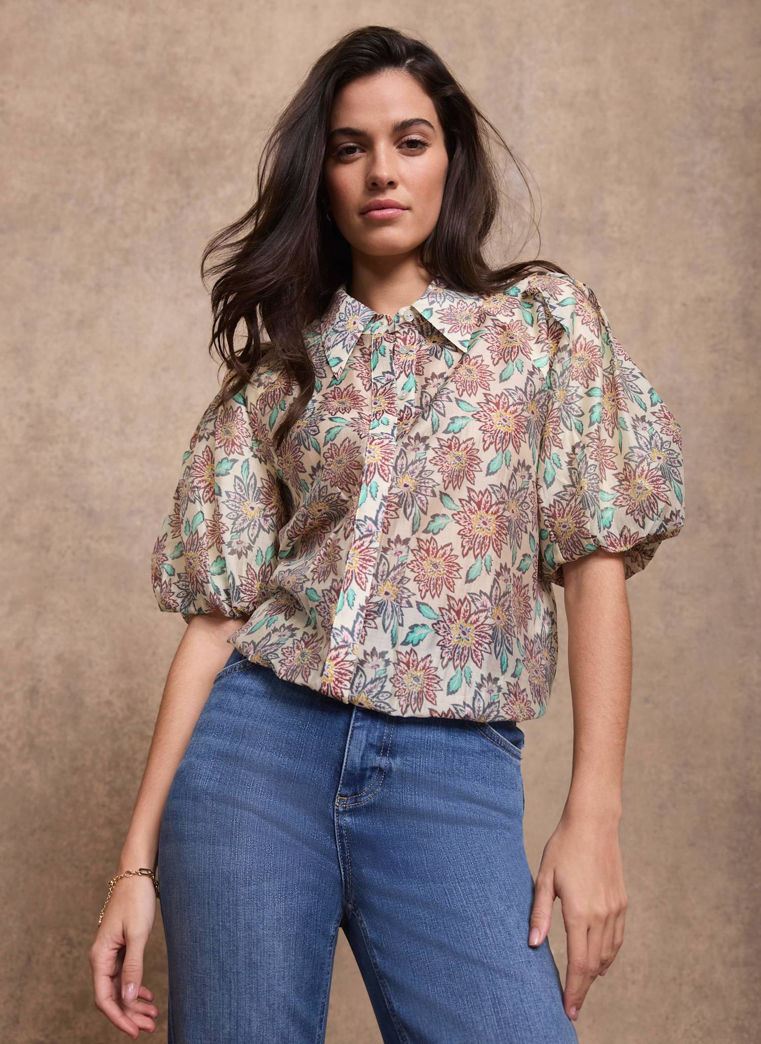 5886-green-floral-print-puff-sleeve-shirt-1.jpg Green Floral Print Puff Sleeve Shirt