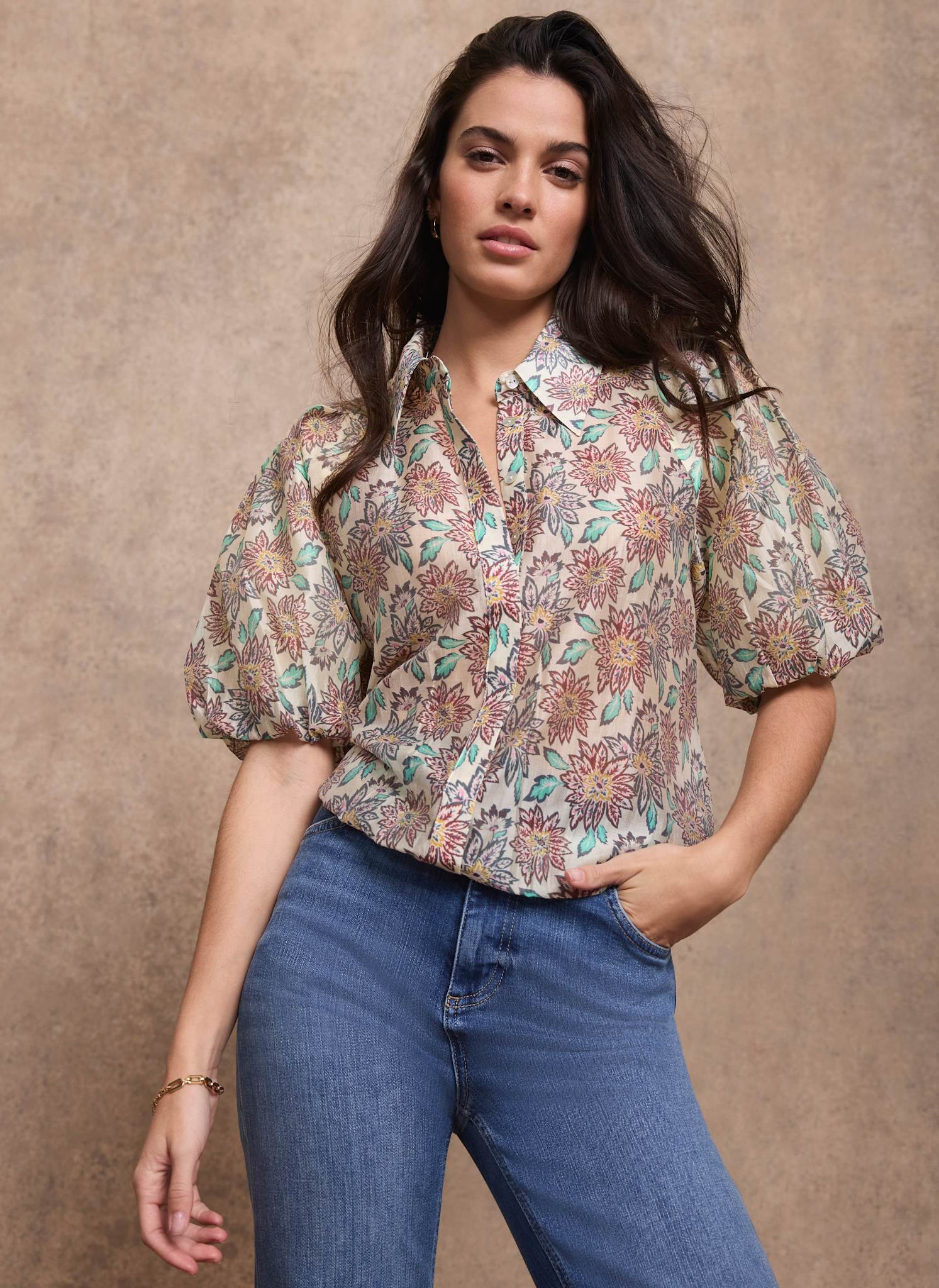 5886-green-floral-print-puff-sleeve-shirt-3.jpg Green Floral Print Puff Sleeve Shirt