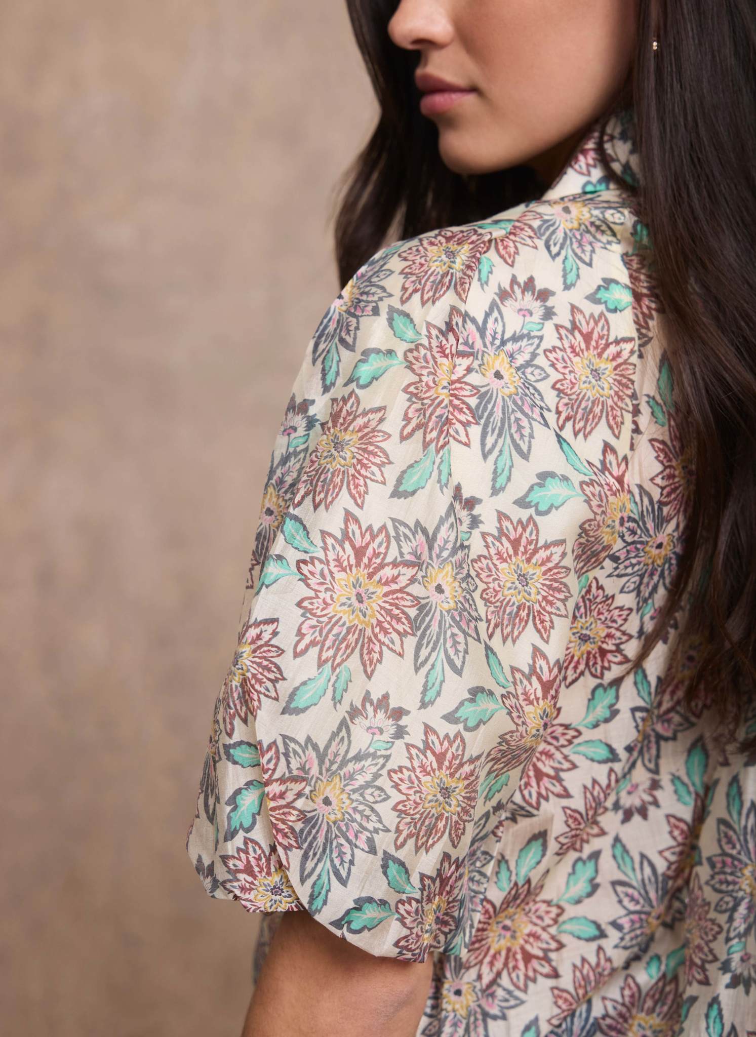 5886-green-floral-print-puff-sleeve-shirt-4.jpg Green Floral Print Puff Sleeve Shirt