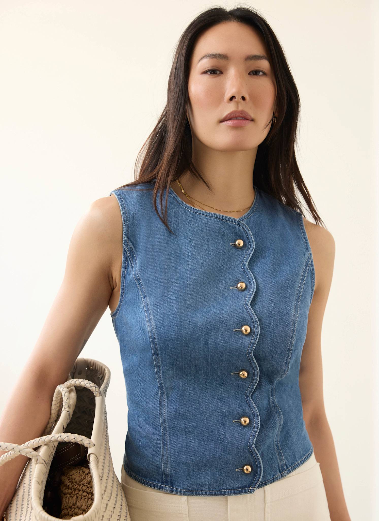 Indigo Denim Scallop Detail Waistcoat