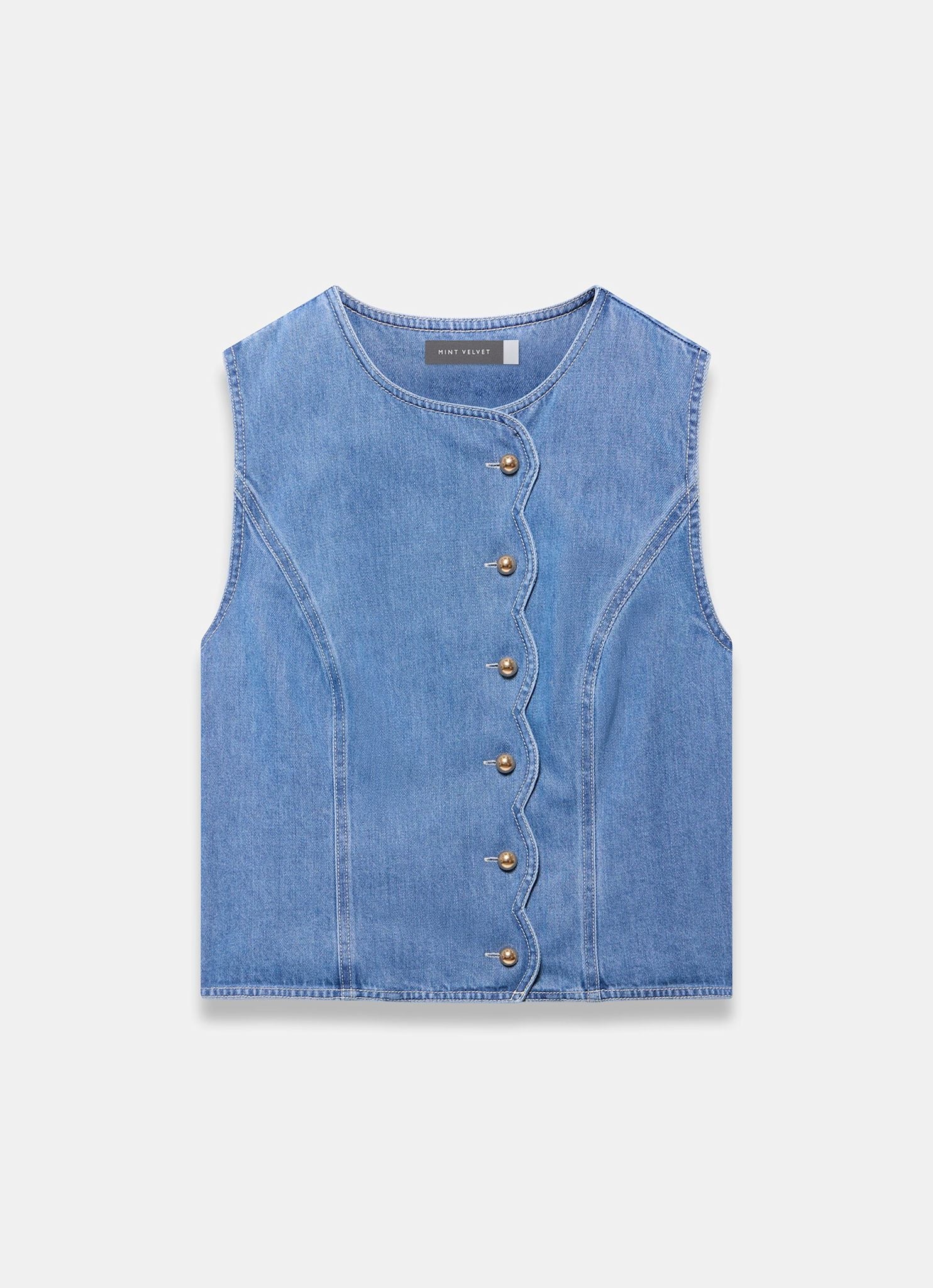 Indigo Denim Scallop Detail Waistcoat