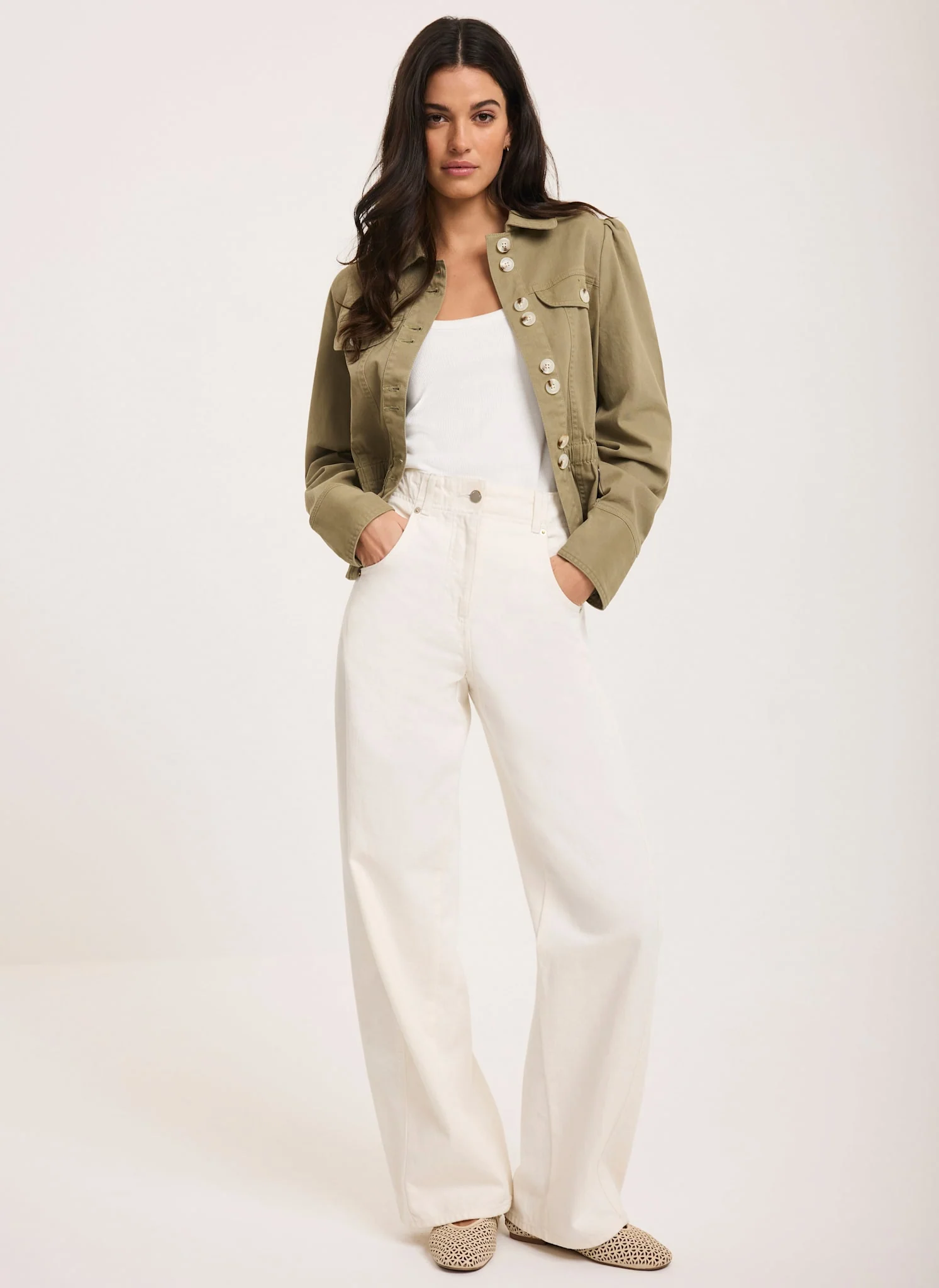 Cream Relaxed Wide Leg Jeans