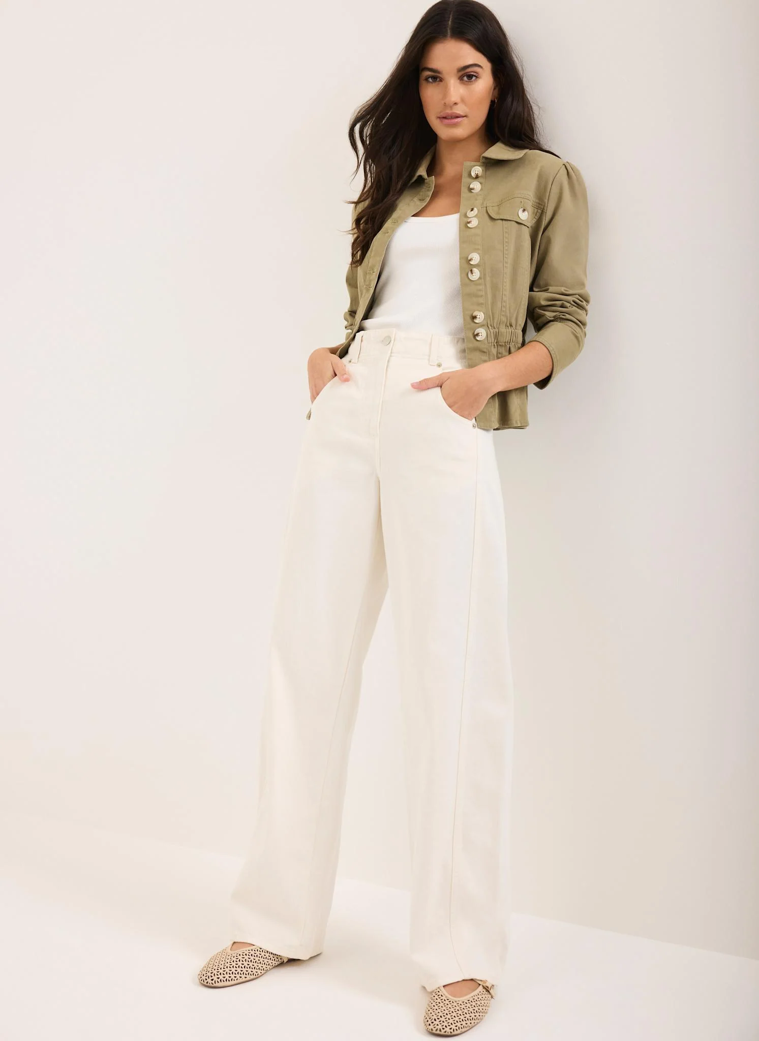 Cream Relaxed Wide Leg Jeans