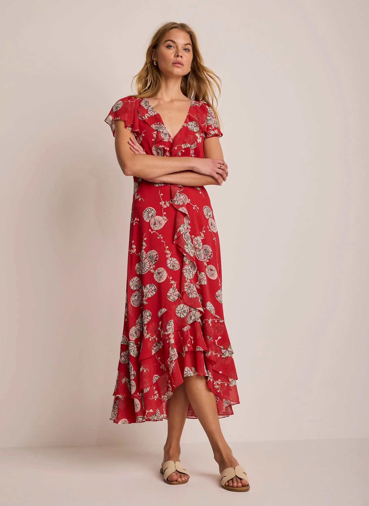 Red Floral Print Ruffle Midi Dress