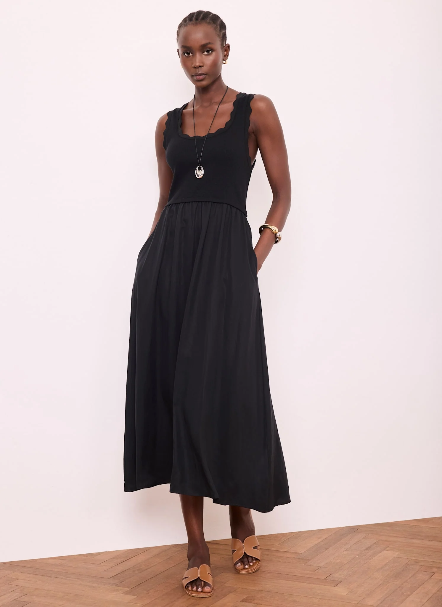 Black Scallop Trim Midi Dress