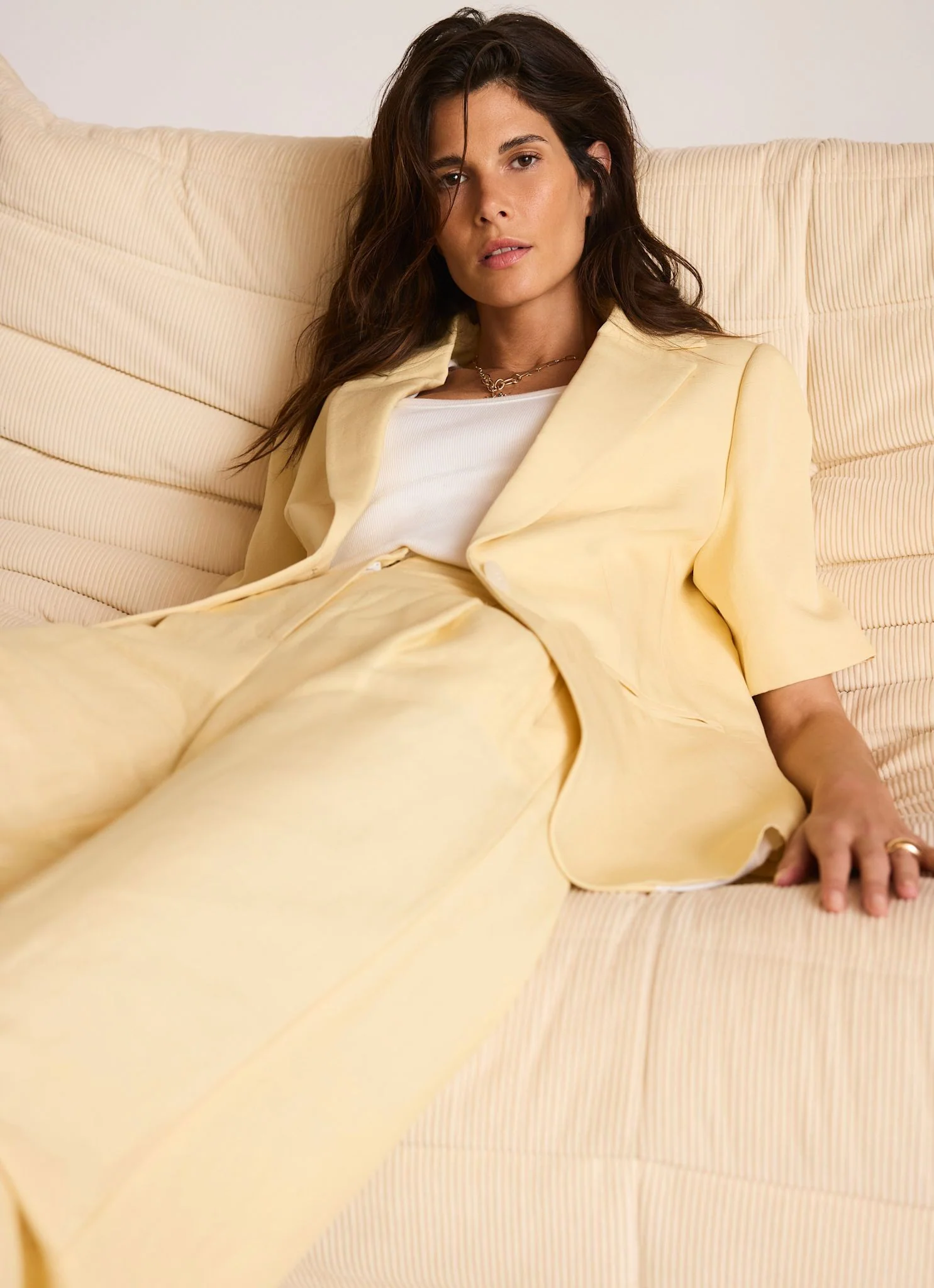 Yellow Linen Blend Short Sleeve Blazer