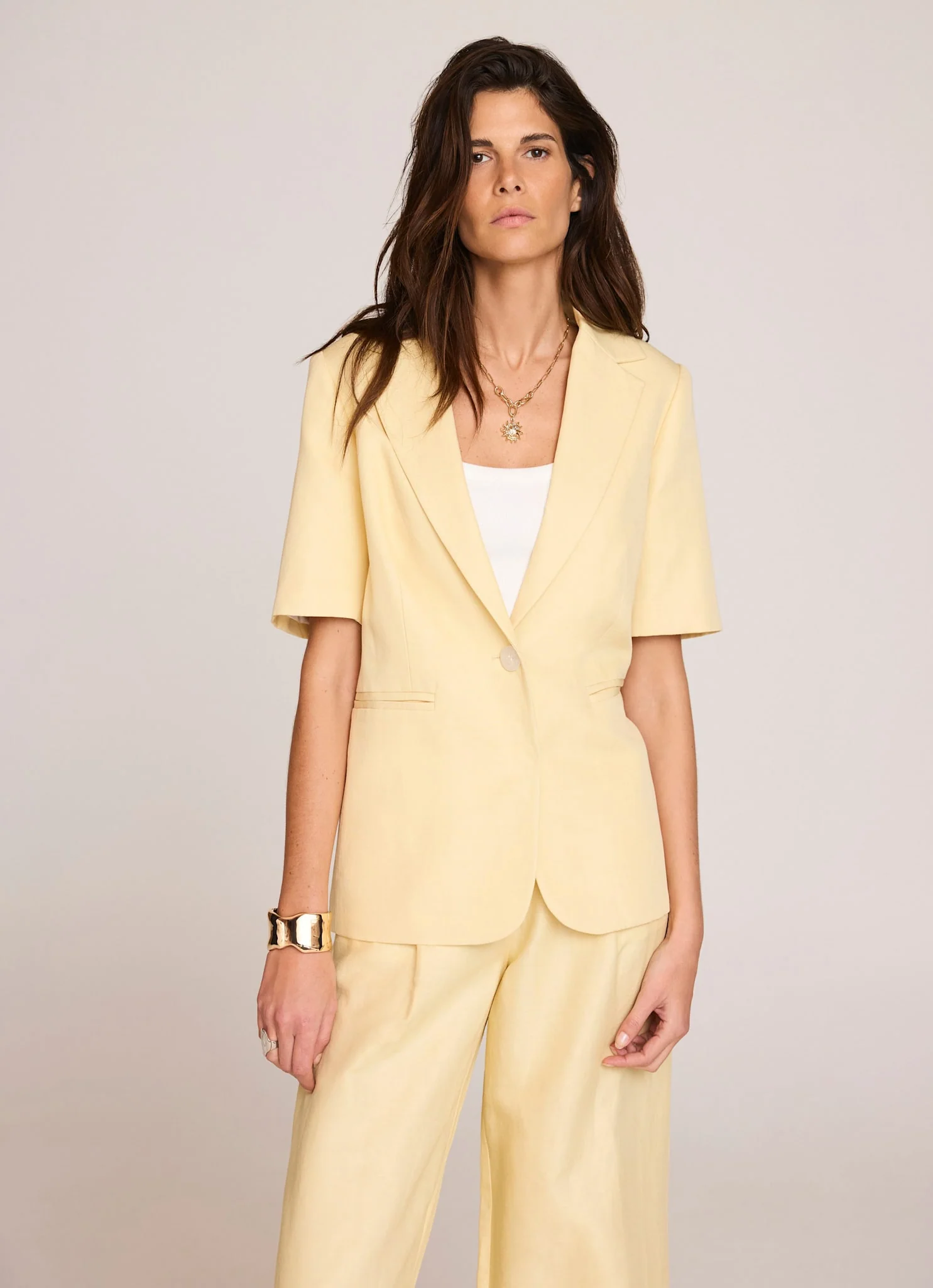 Yellow Linen Blend Short Sleeve Blazer
