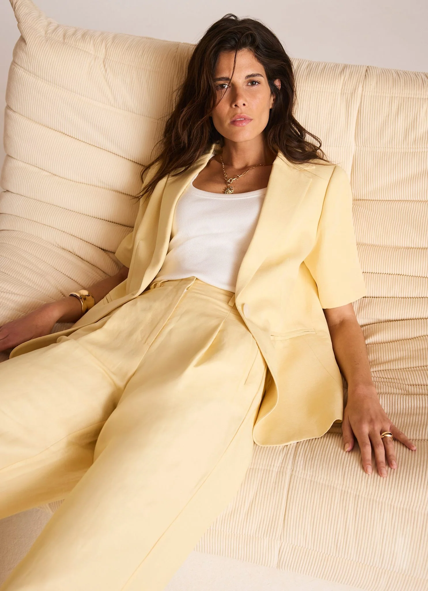 Yellow Linen Blend Short Sleeve Blazer