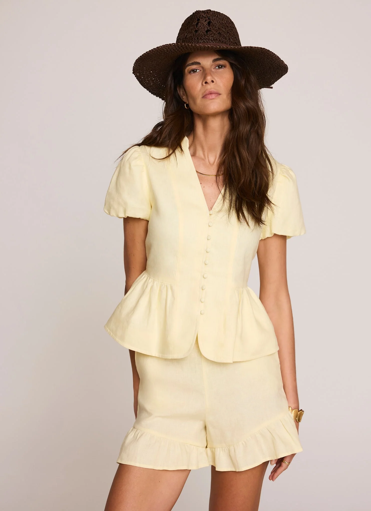 6108-yellow-linen-ruffle-trim-shorts-2.webp Yellow Linen Ruffle Trim Shorts