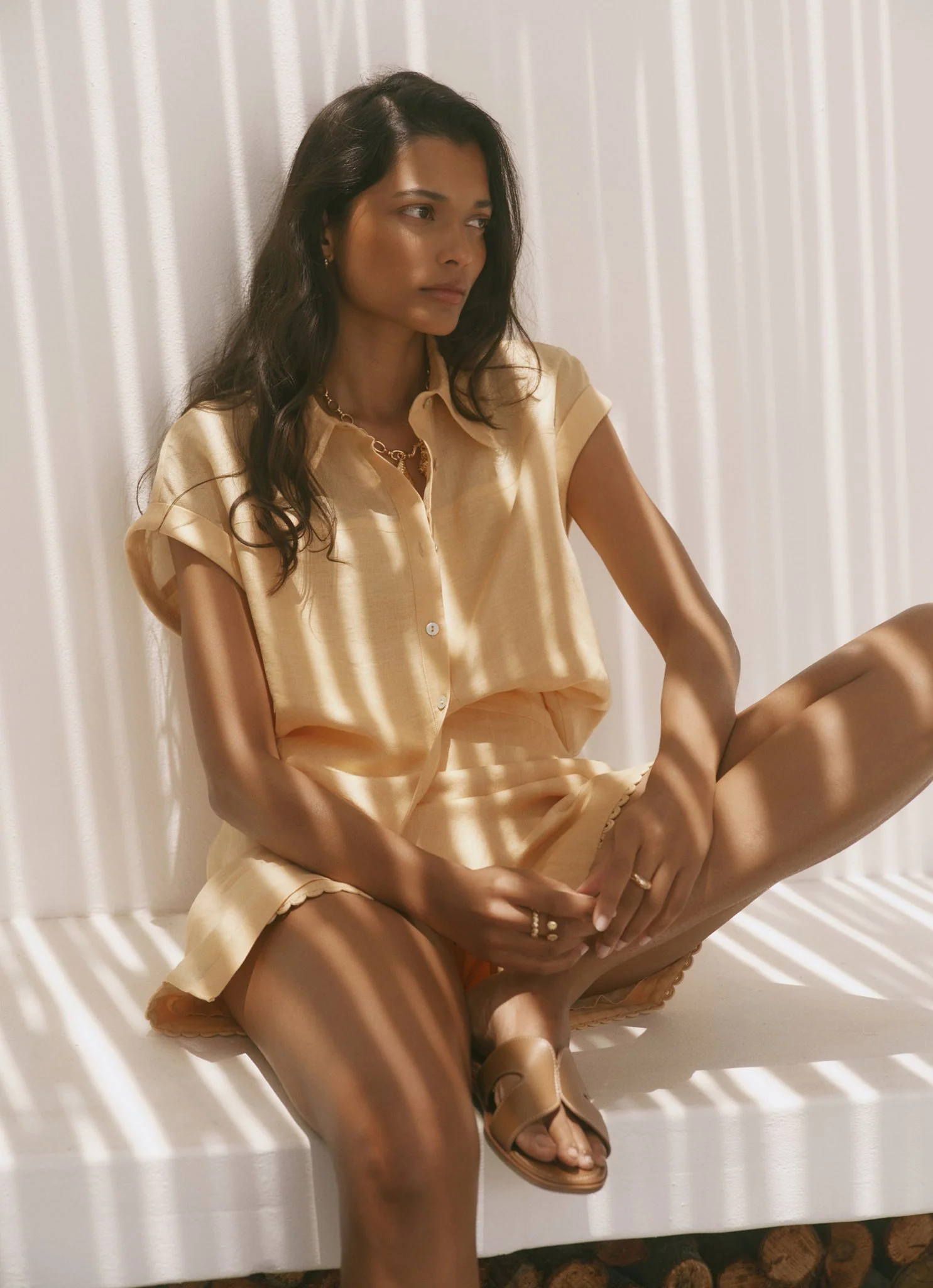 Yellow Linen Scallop Hem Shorts