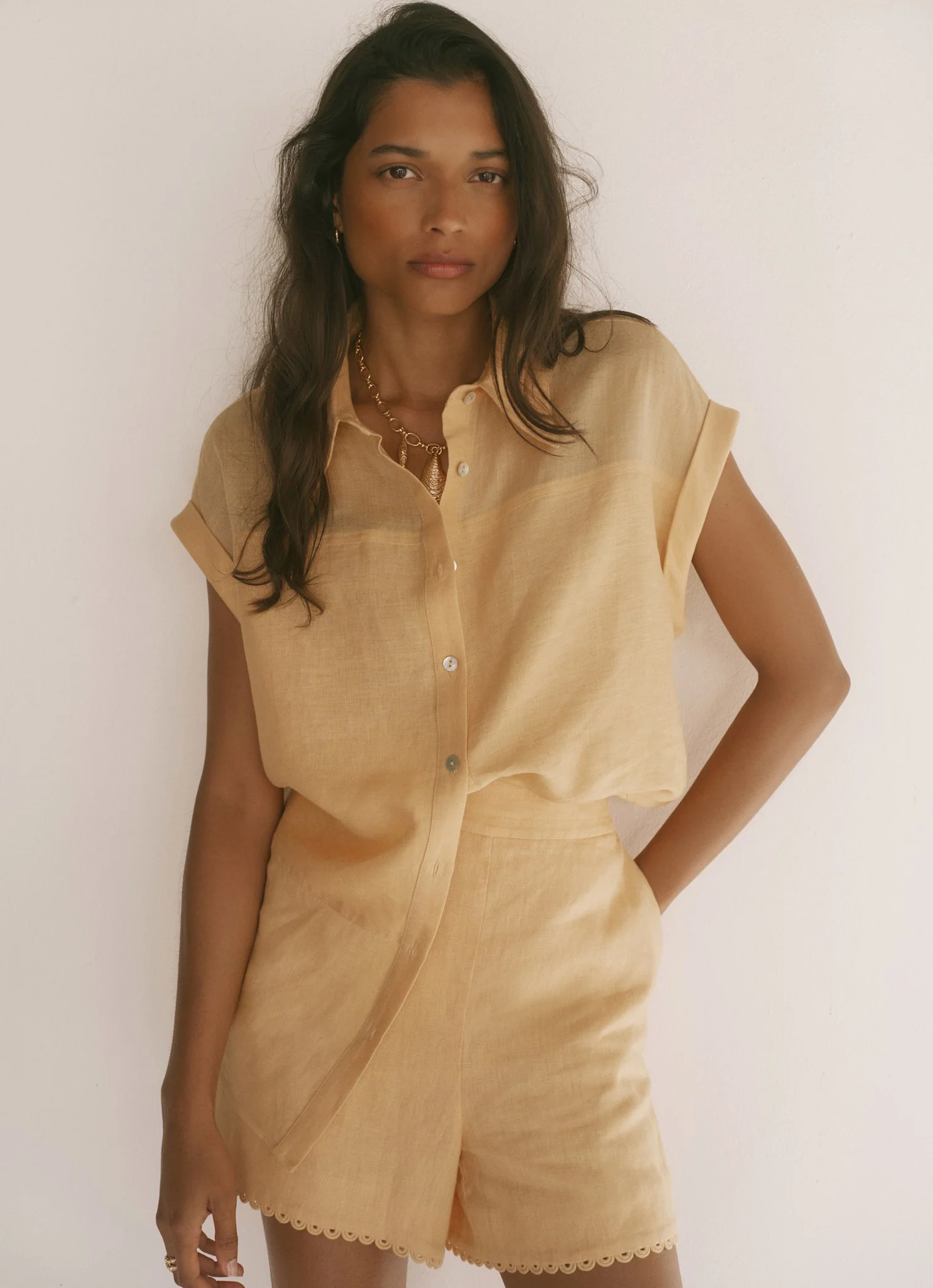 Yellow Linen Blend Sheer Panel Shirt