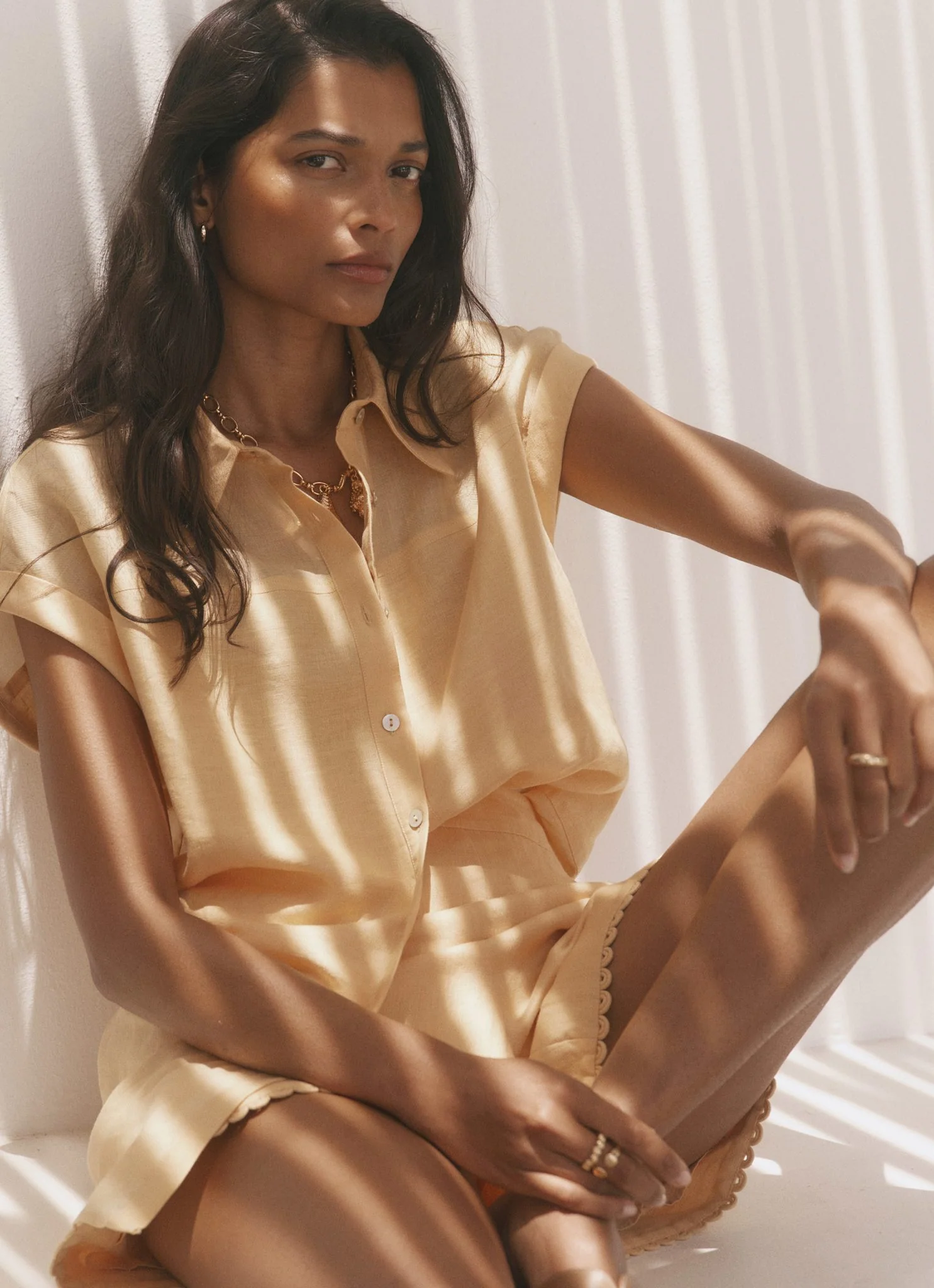 Yellow Linen Blend Sheer Panel Shirt