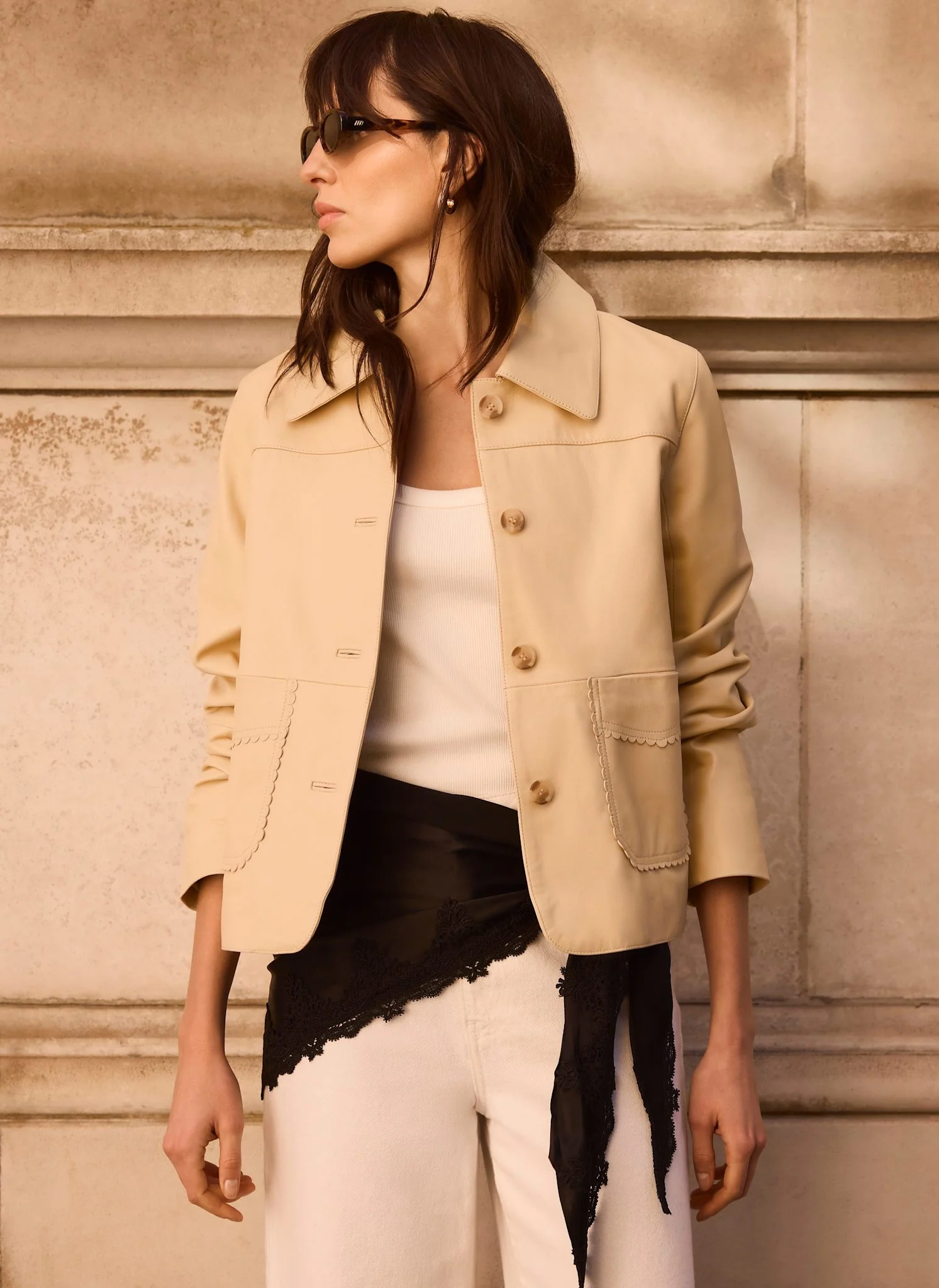Butter Yellow Leather Scallop Detail Jacket