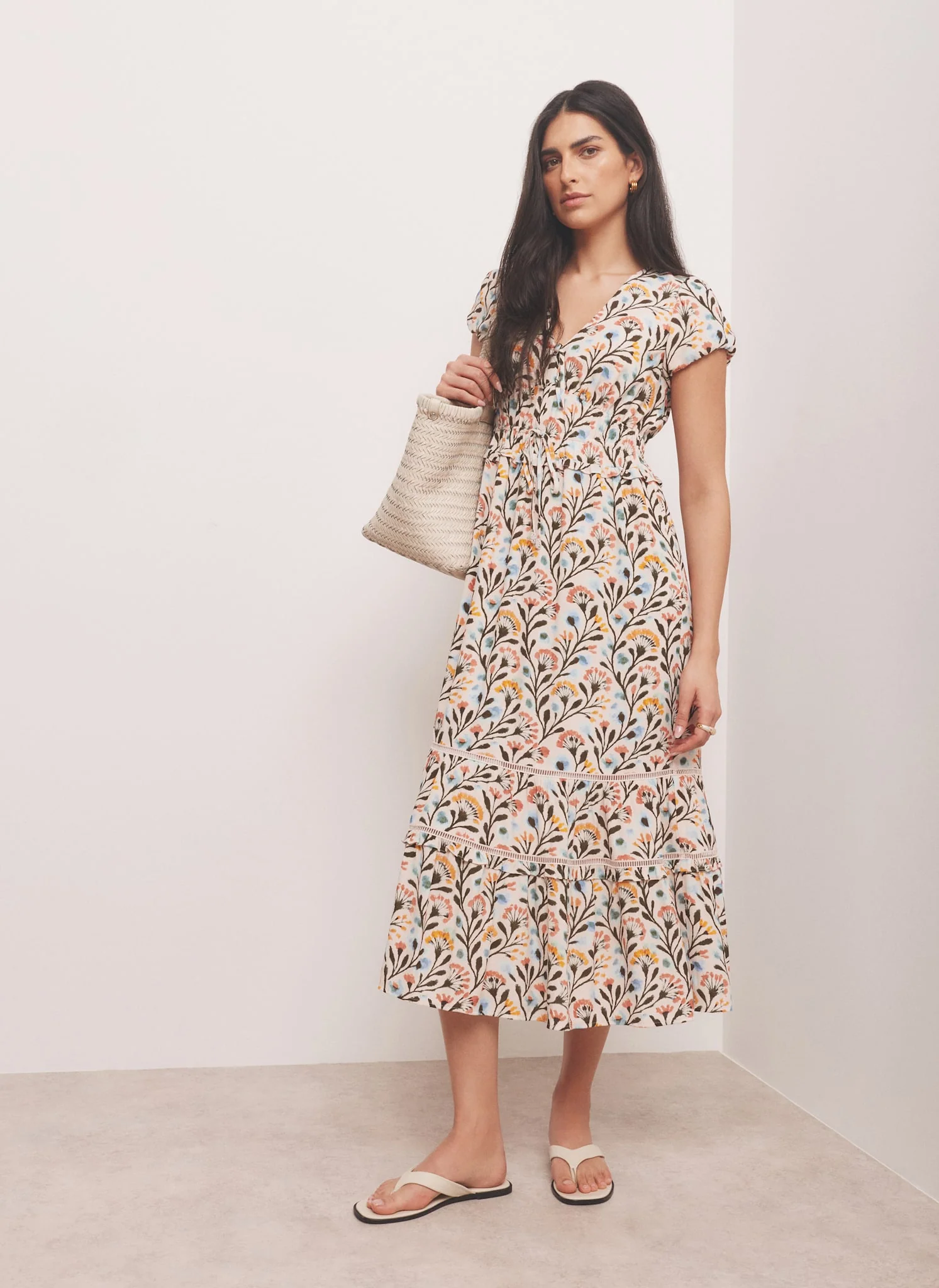 Orange Floral Print Midi Dress