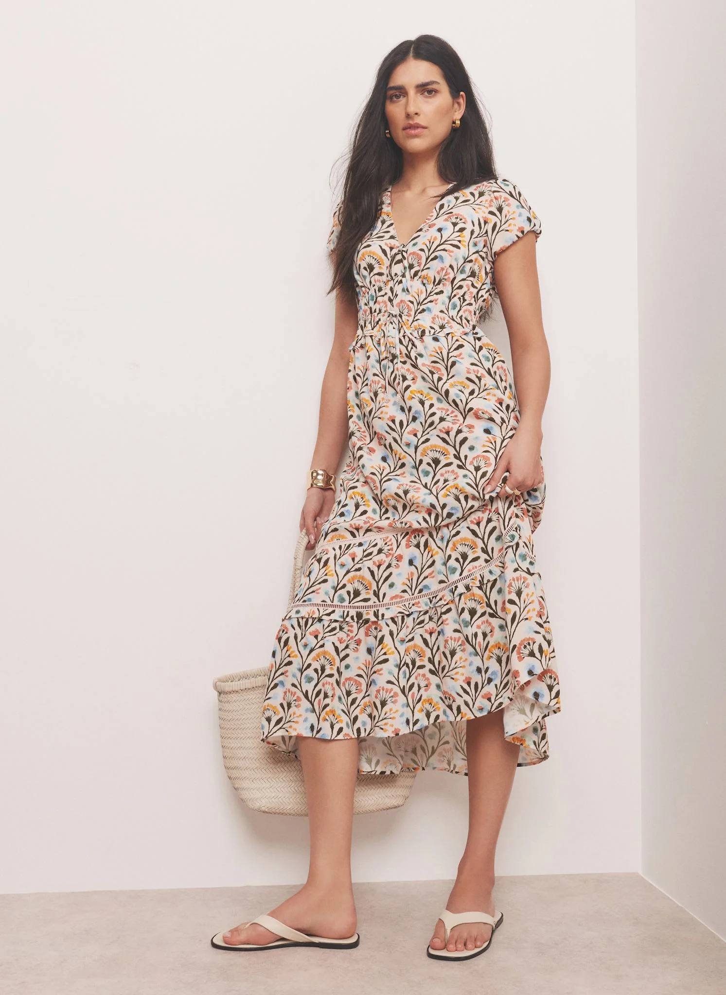 Orange Floral Print Midi Dress