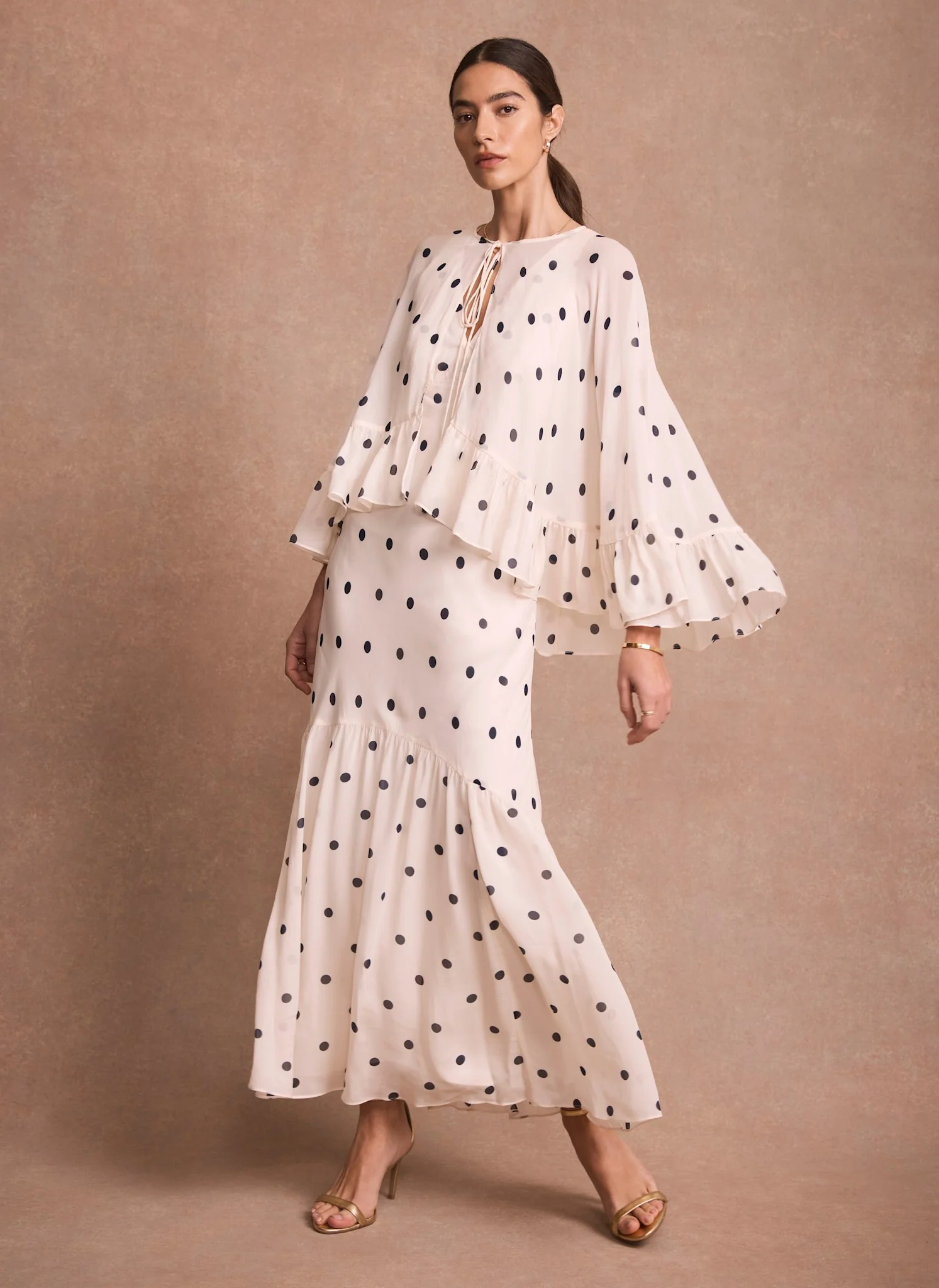 Cream Polka Dot Print Cape Maxi Dress