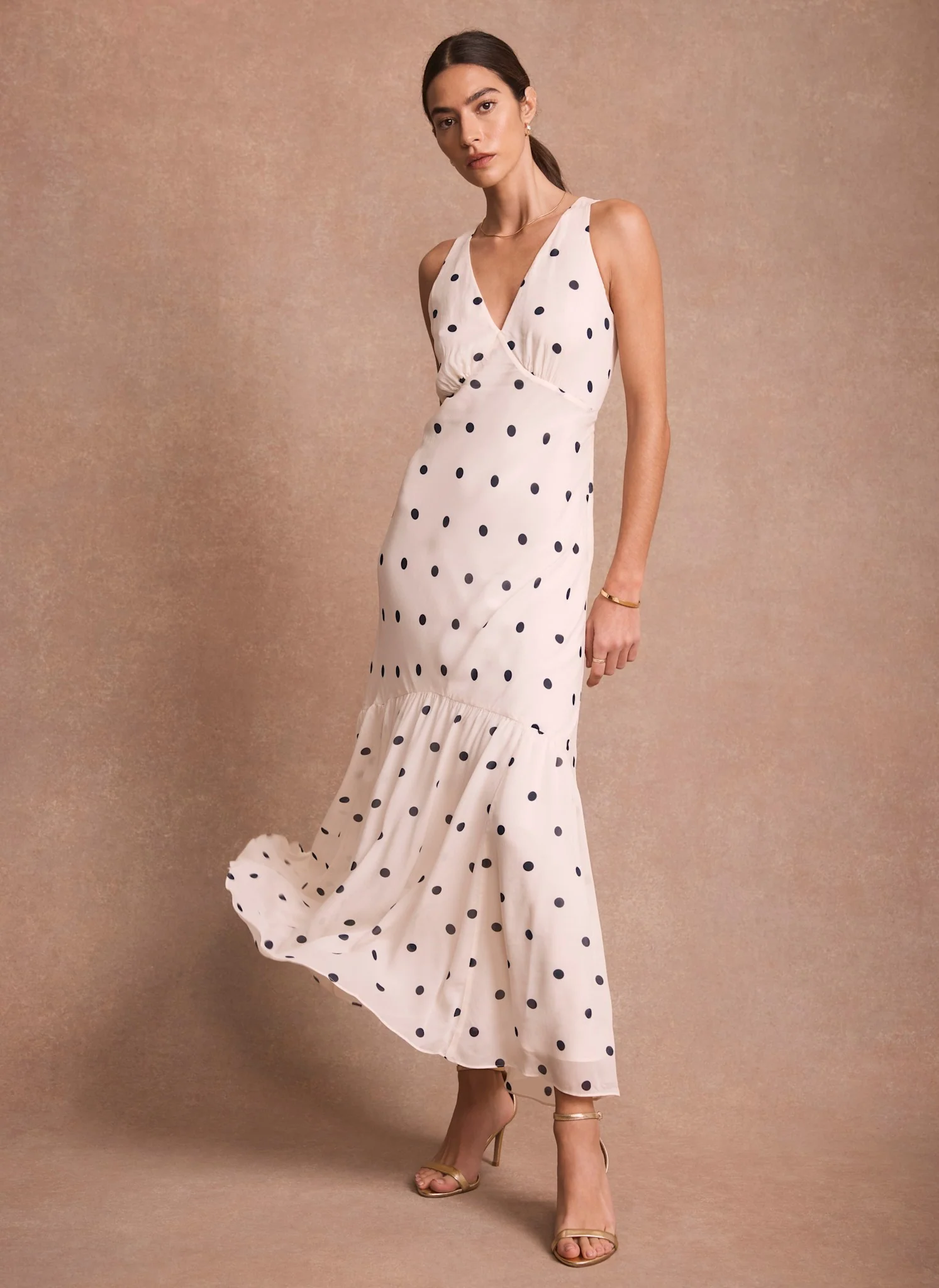 Cream Polka Dot Print Cape Maxi Dress
