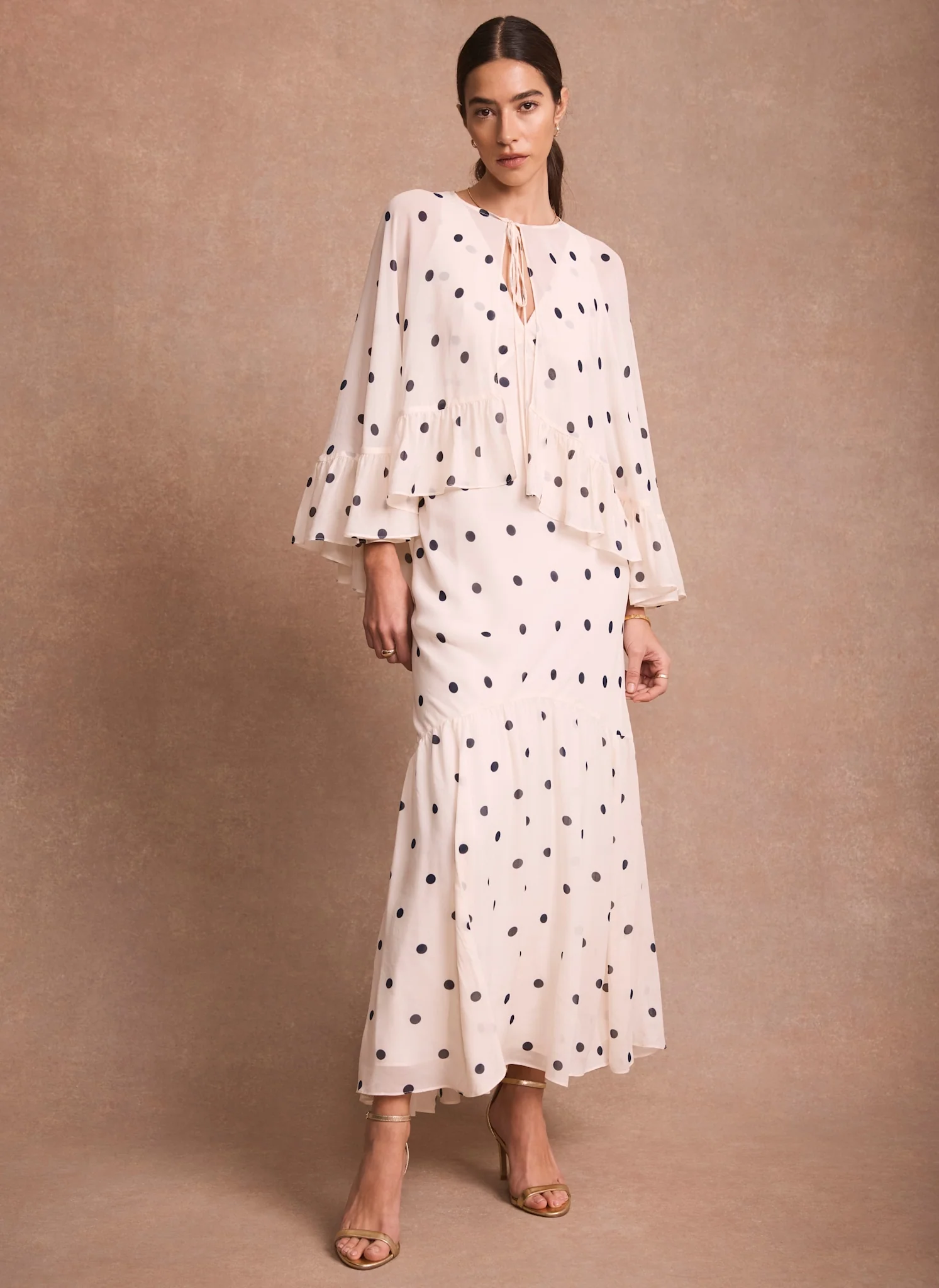 Cream Polka Dot Print Cape Maxi Dress