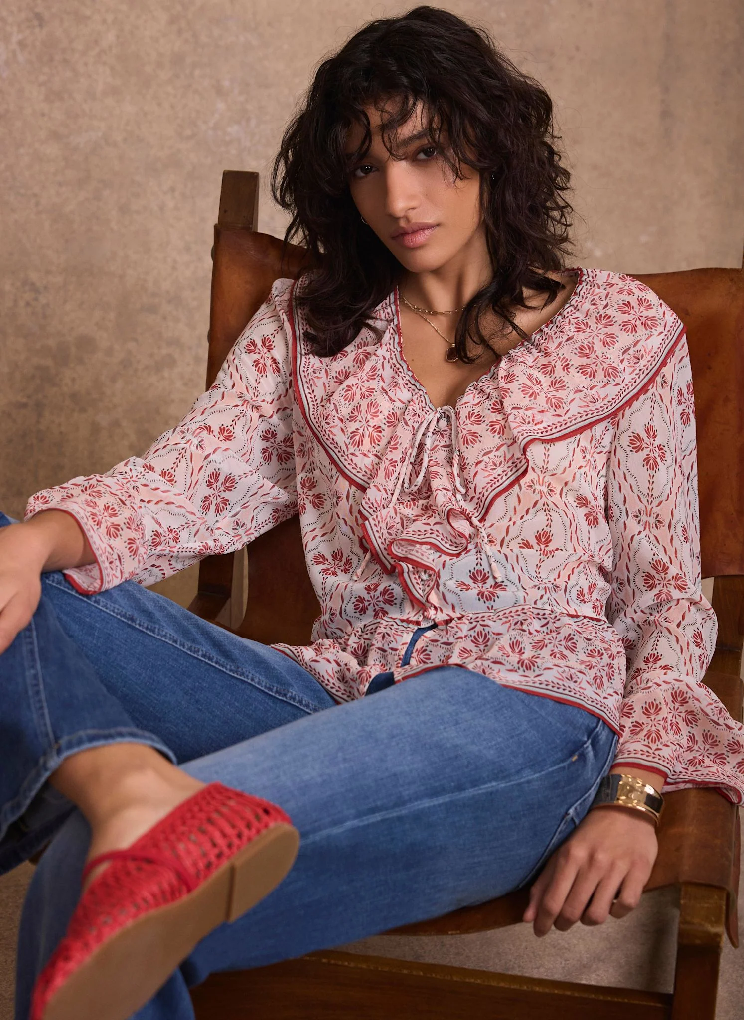 6394-pink-geo-print-ruffle-blouse-1.webp Pink Geo Print Ruffle Blouse