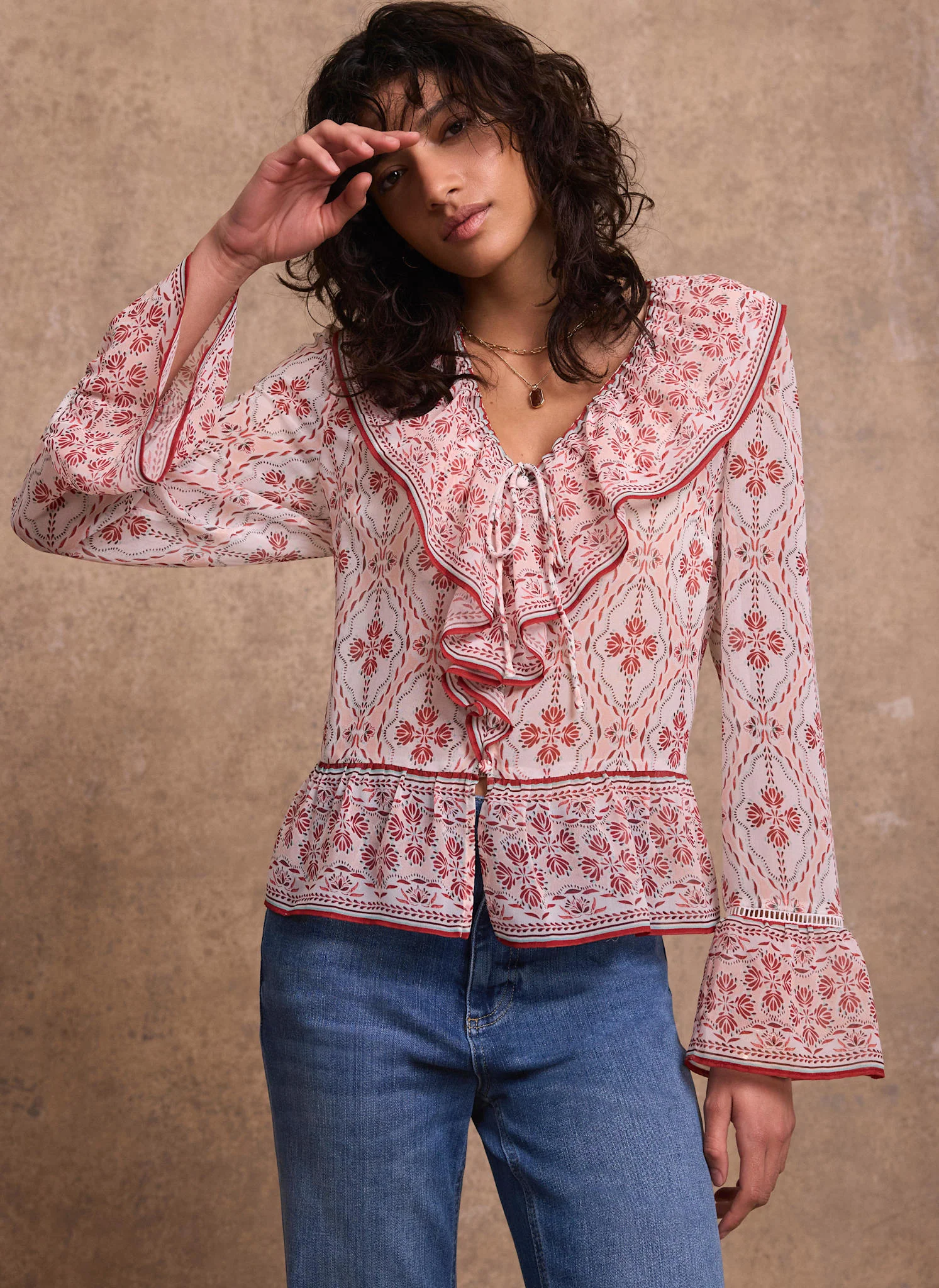 6394-pink-geo-print-ruffle-blouse-2.webp Pink Geo Print Ruffle Blouse
