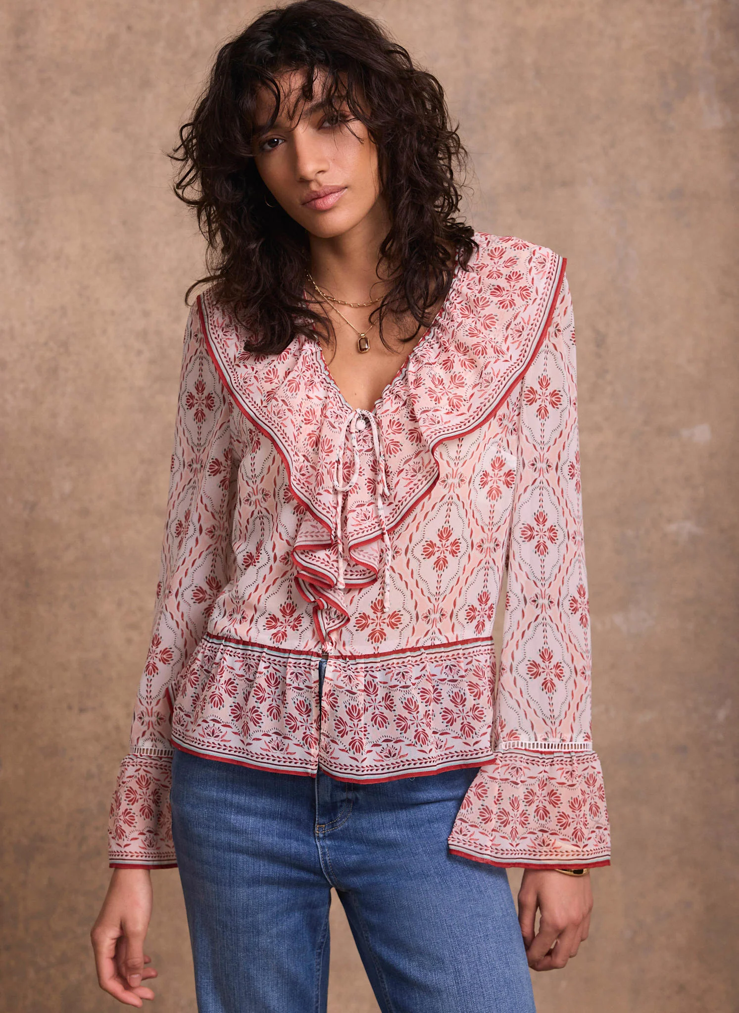 6394-pink-geo-print-ruffle-blouse-5.webp Pink Geo Print Ruffle Blouse