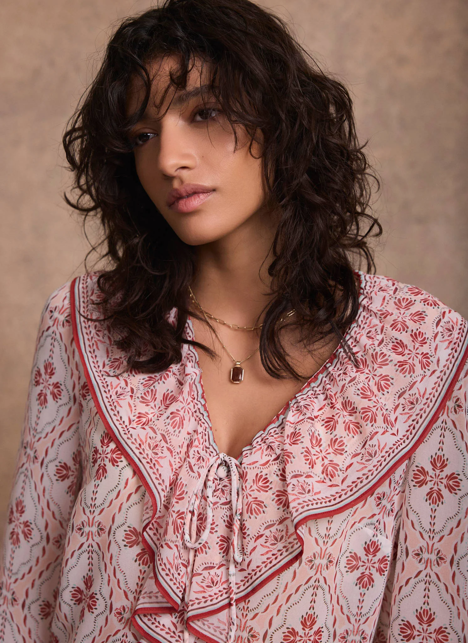 6394-pink-geo-print-ruffle-blouse-6.webp Pink Geo Print Ruffle Blouse