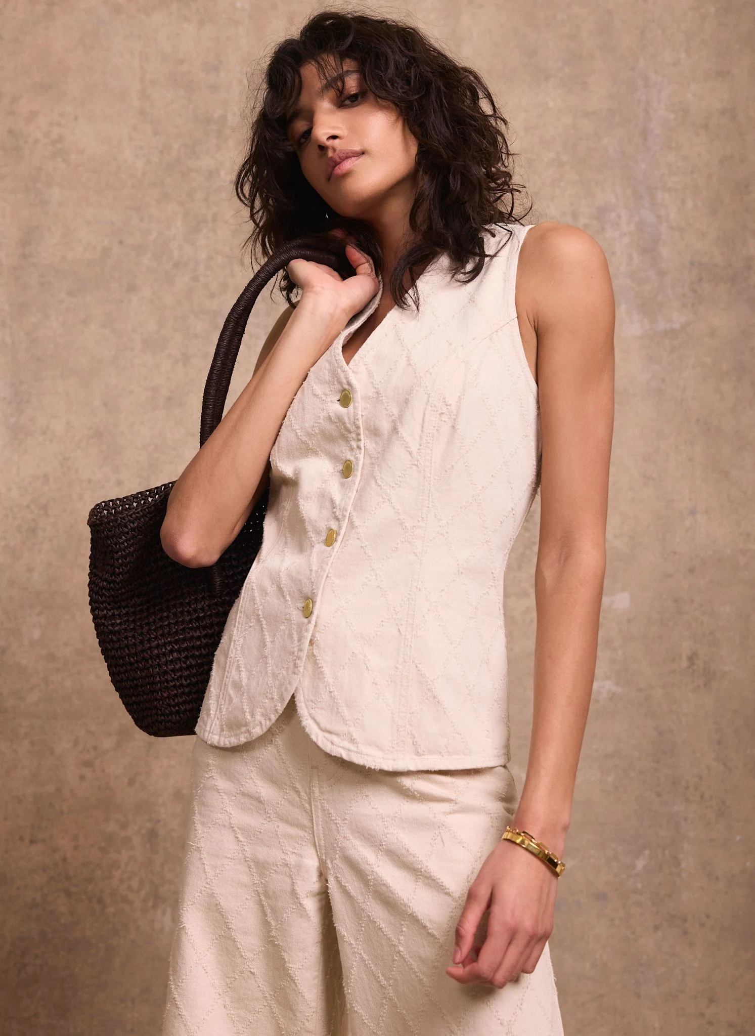 Cream Denim Diamond Textured Waistcoat