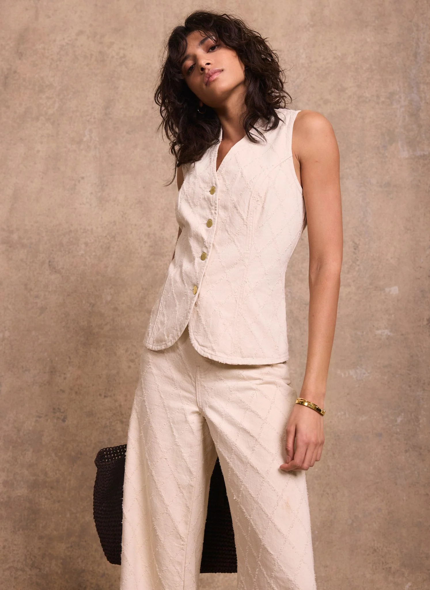 Cream Denim Diamond Textured Waistcoat