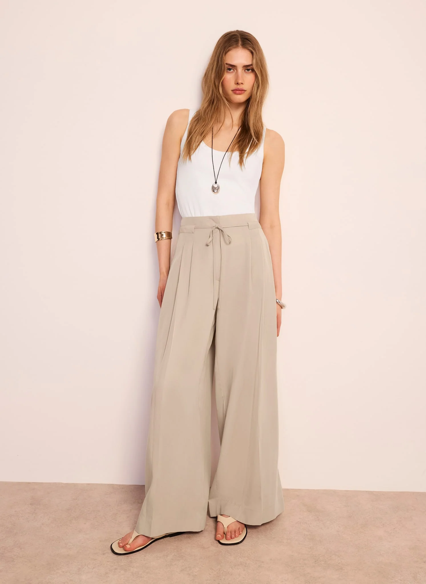 Neutral Tie Waist Wide Trousers