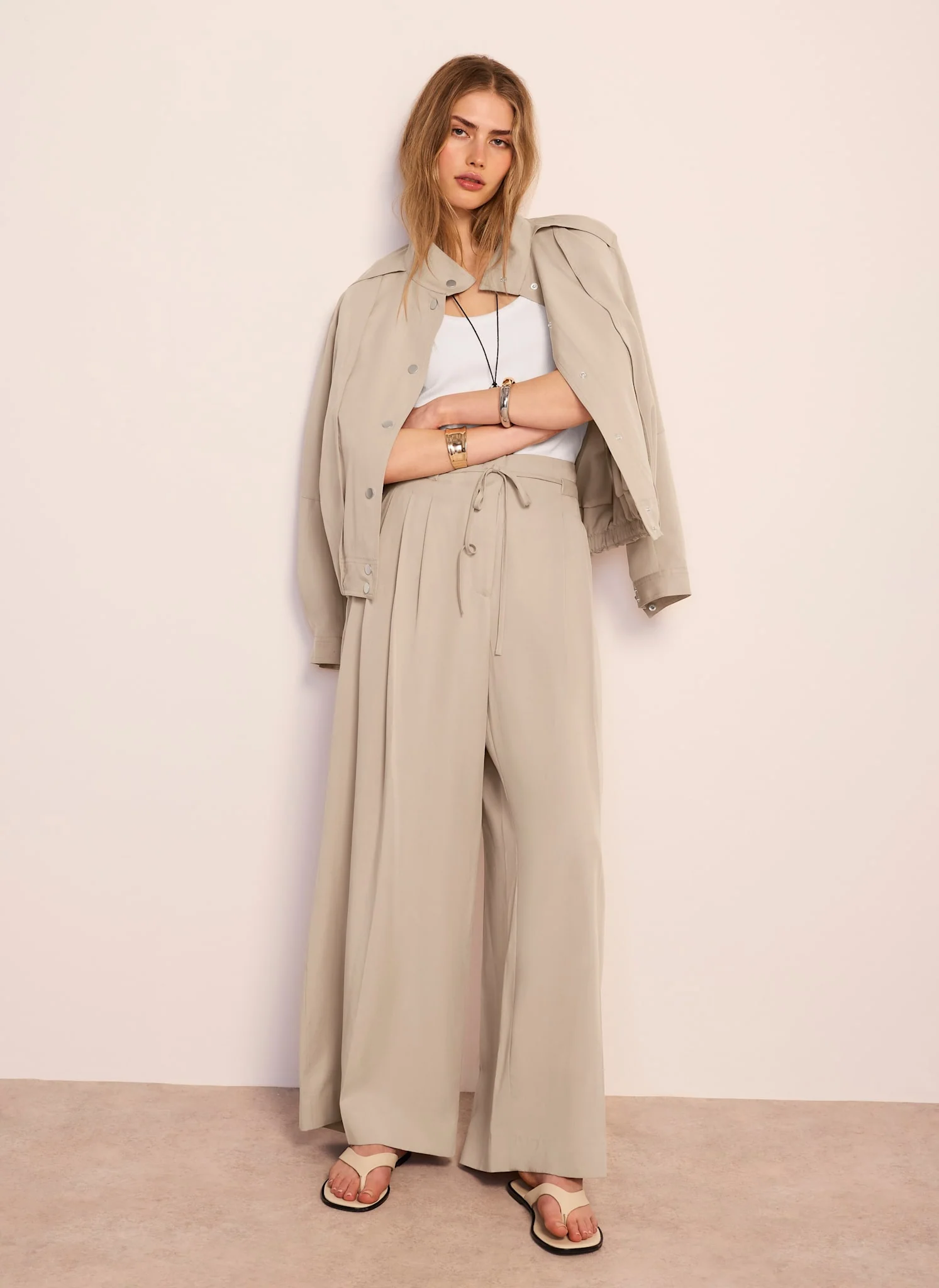 Neutral Tie Waist Wide Trousers