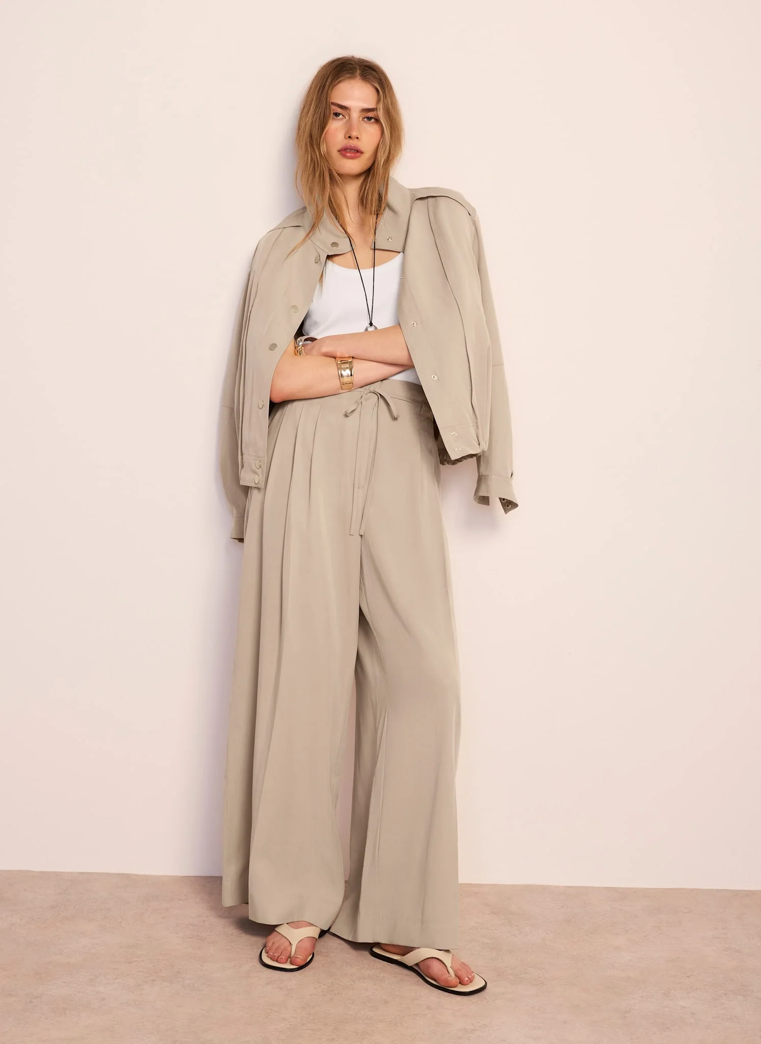 Neutral Tie Waist Wide Trousers