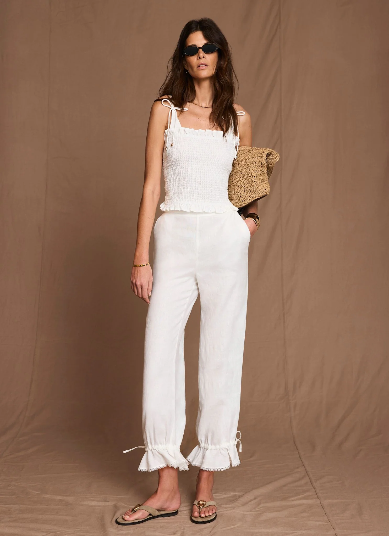 White Linen Ruffle Hem Cropped Trousers