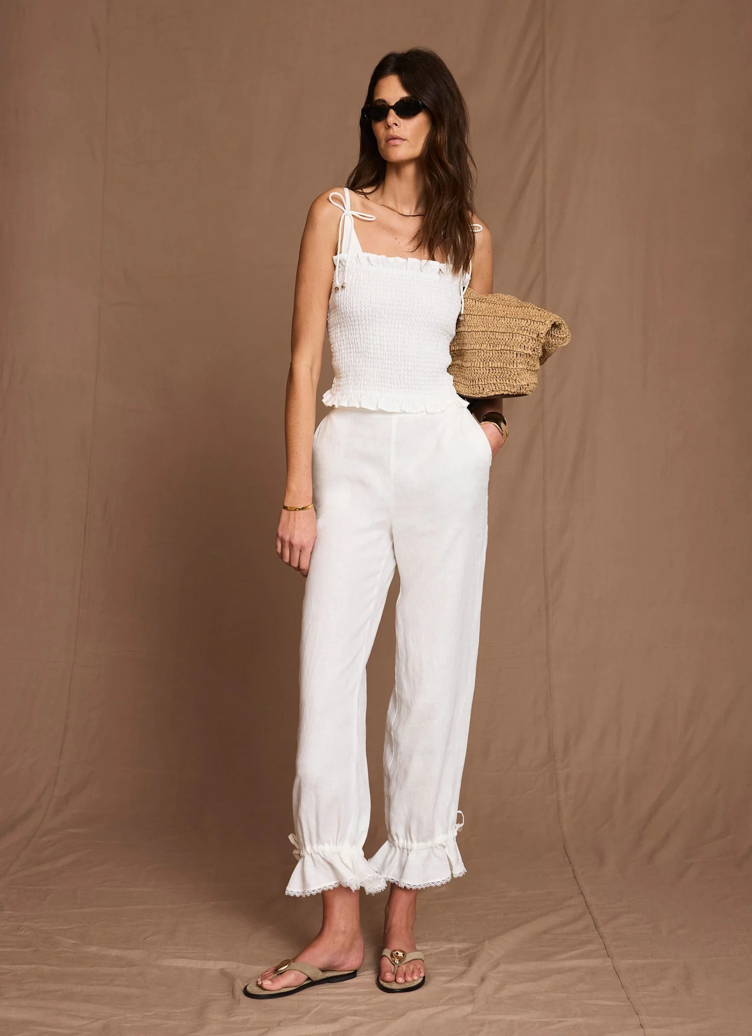 White Linen Ruffle Hem Cropped Trousers