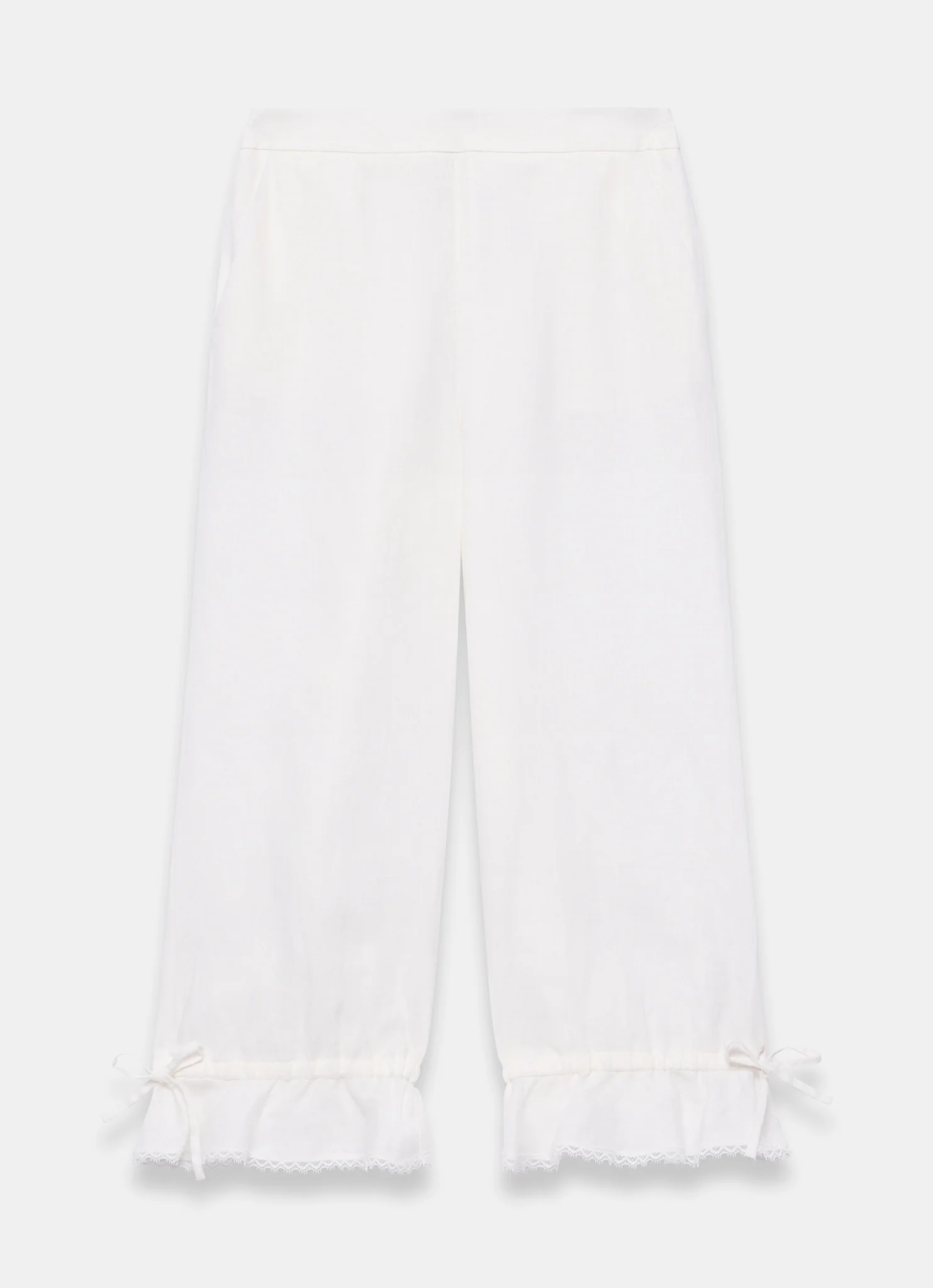 White Linen Ruffle Hem Cropped Trousers