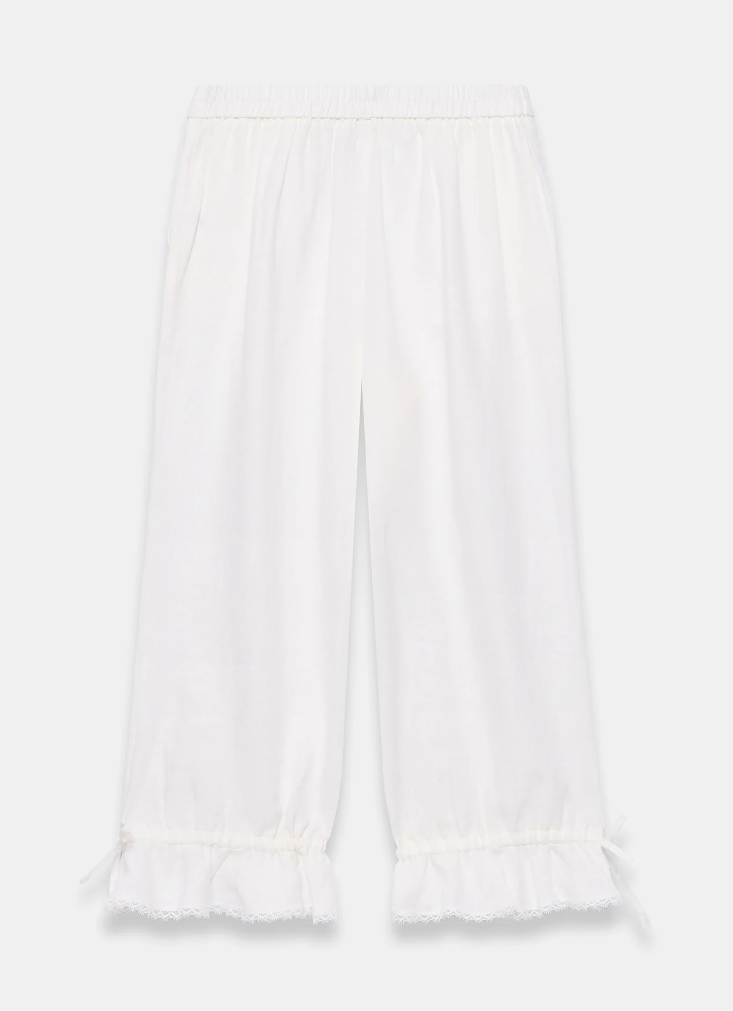 White Linen Ruffle Hem Cropped Trousers