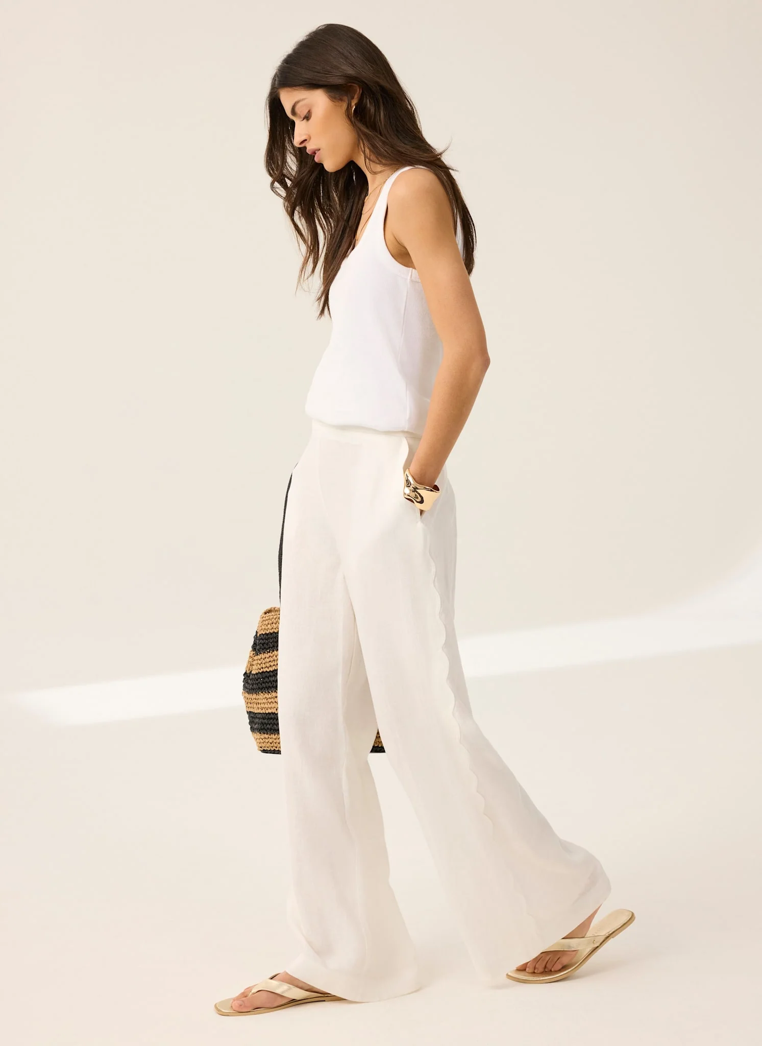 White Linen Scallop Trim Trousers
