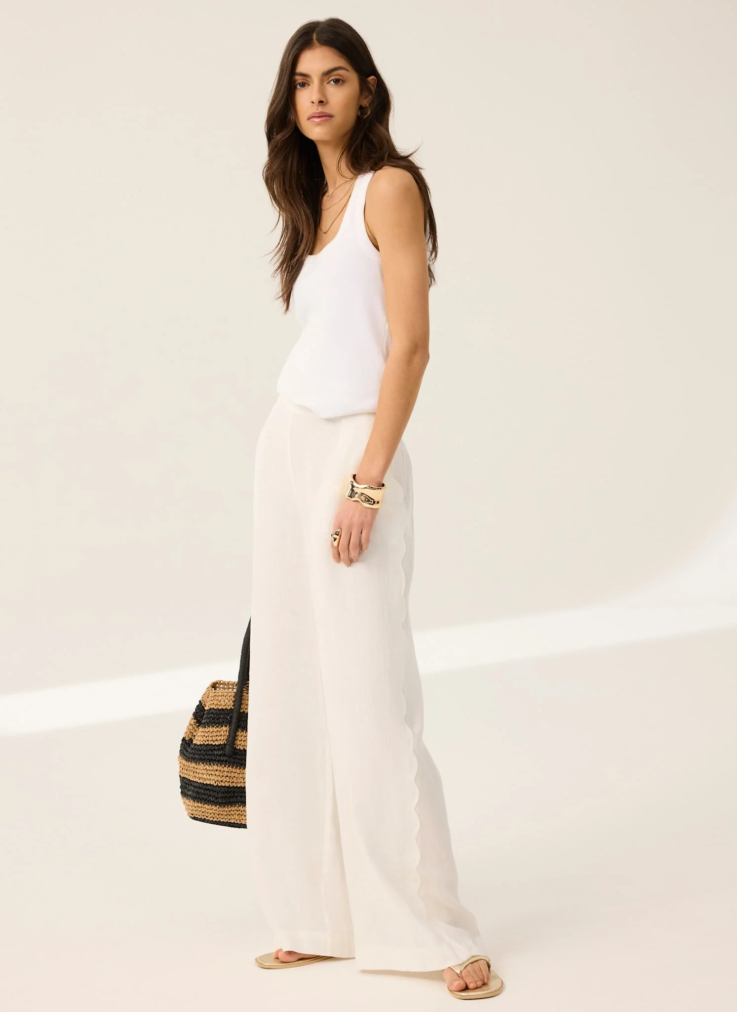 White Linen Scallop Trim Trousers