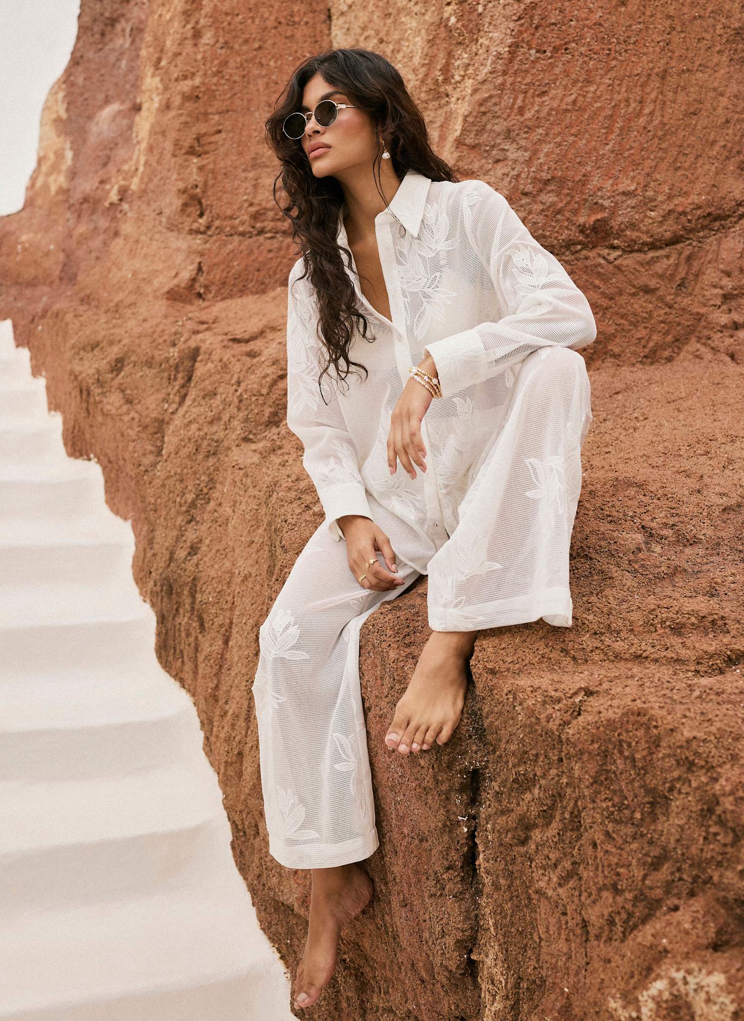 White Floral Detail Mesh Trousers