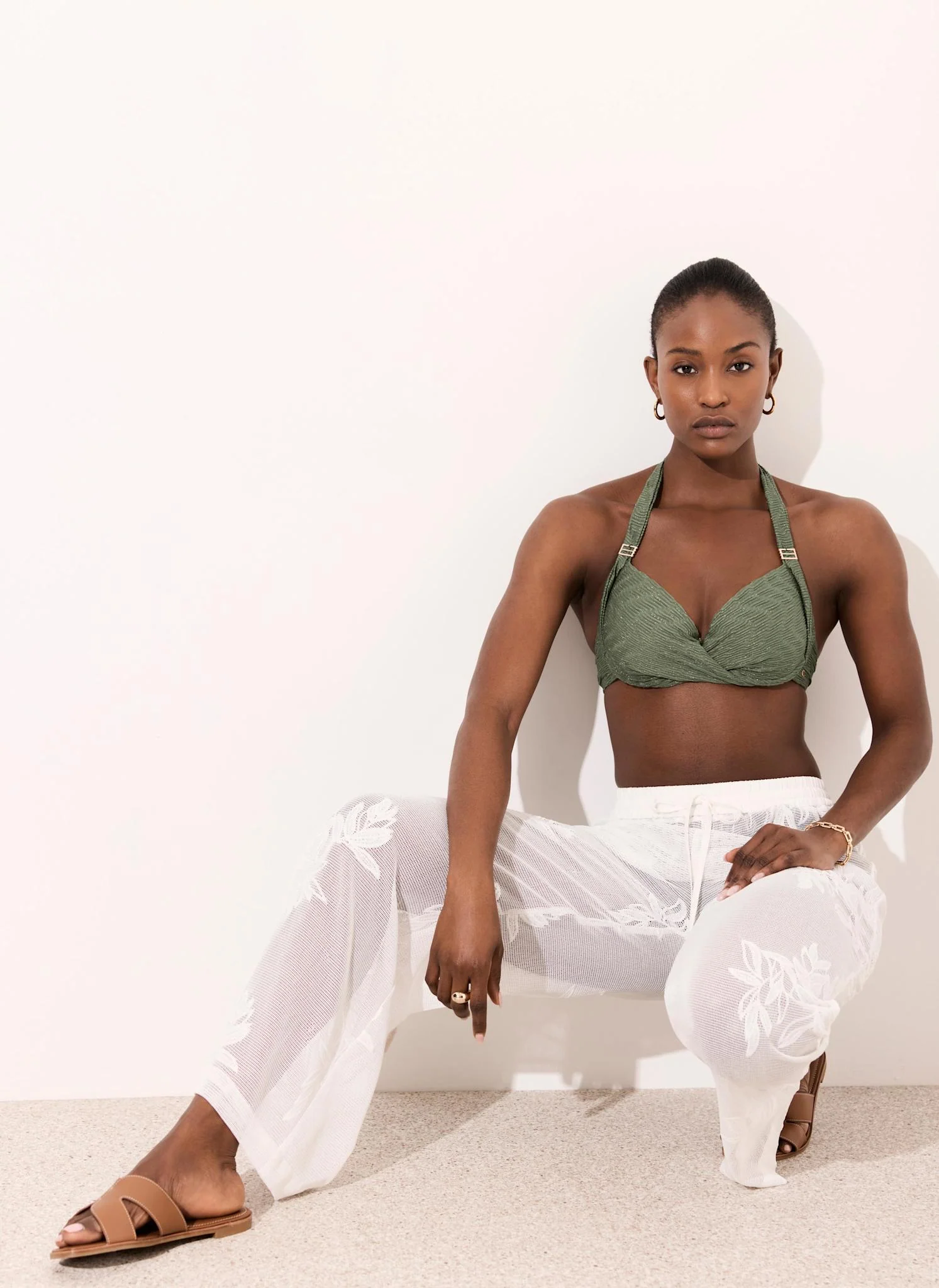 White Floral Detail Mesh Trousers