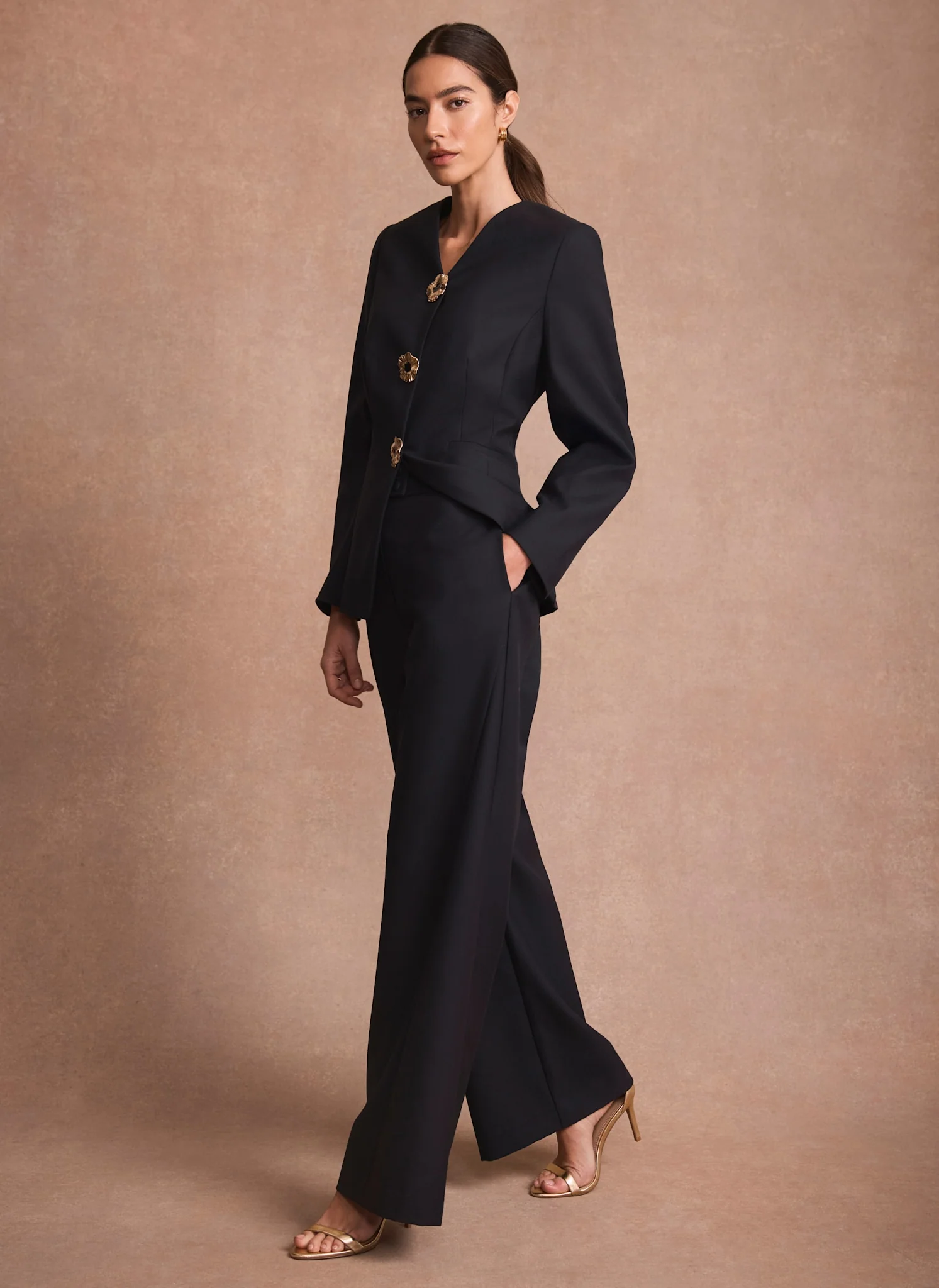 Navy Tailored Wide Leg Trousers