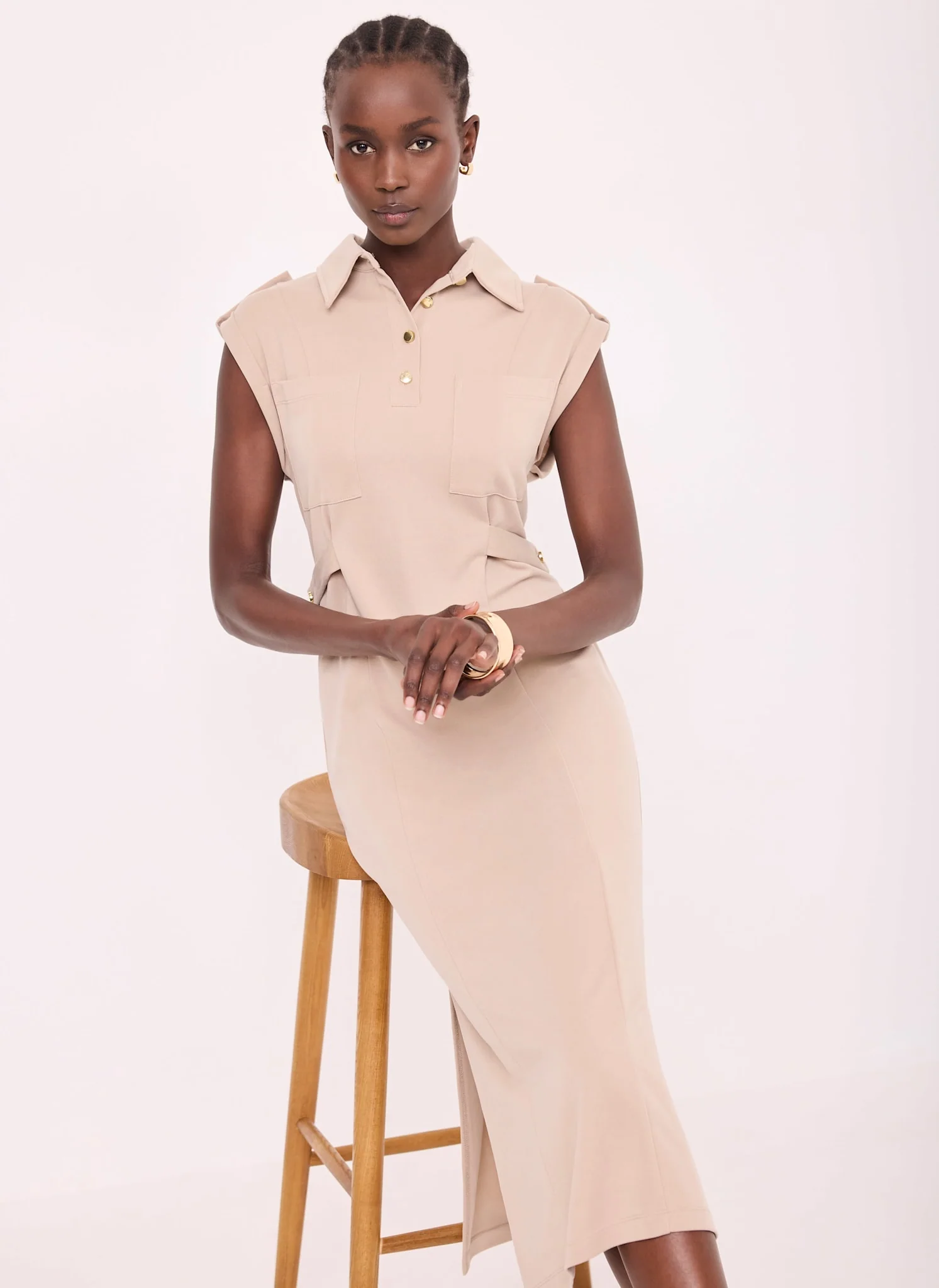 Neutral Jersey Utility Midi Dress