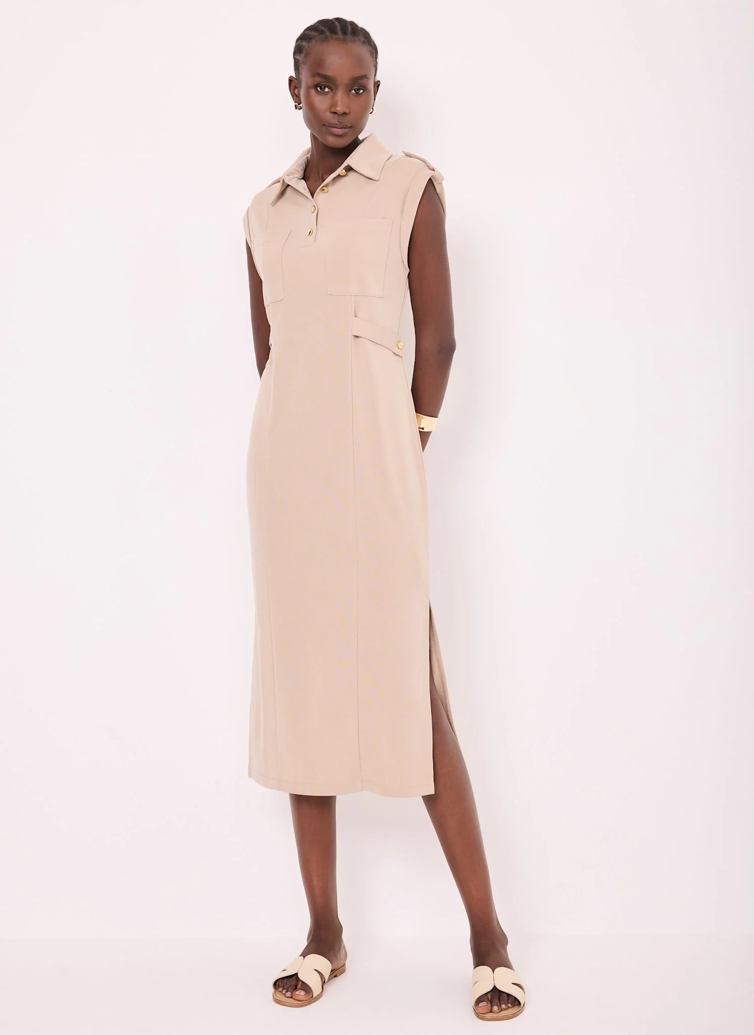 Neutral Jersey Utility Midi Dress