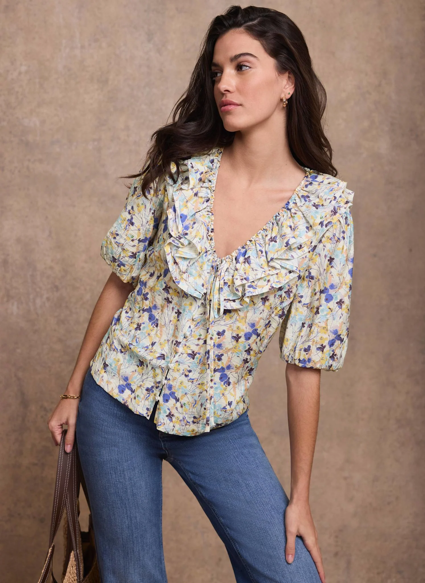 Blue Floral Ruffle Trim Blouse