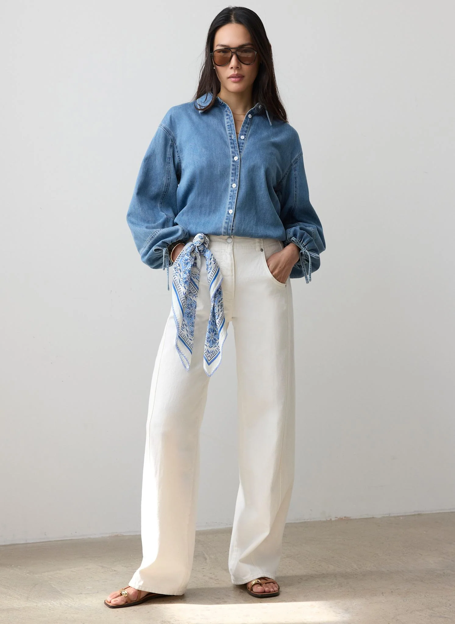 Mid Indigo Denim Blouson Sleeve Shirt