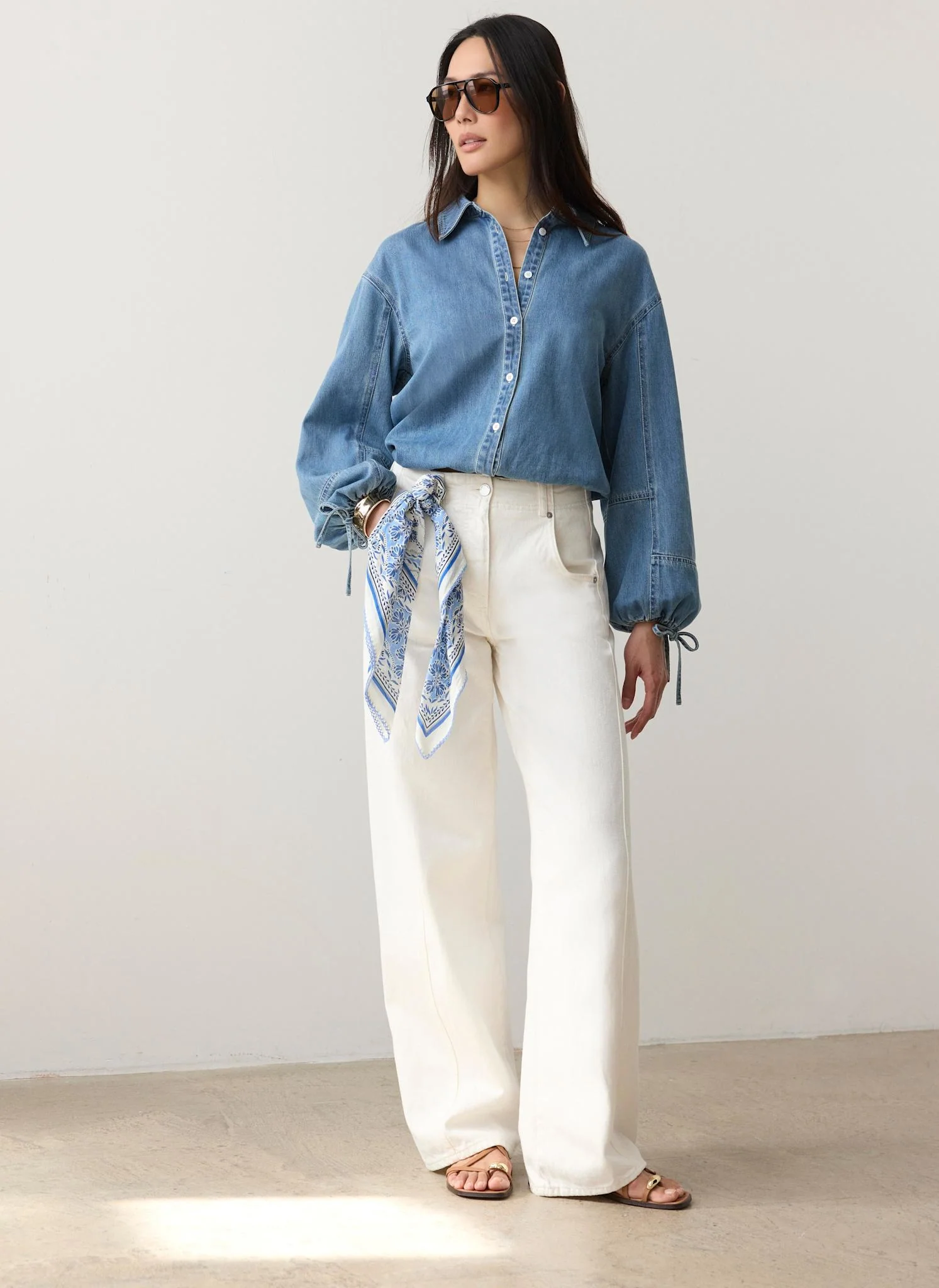 Mid Indigo Denim Blouson Sleeve Shirt