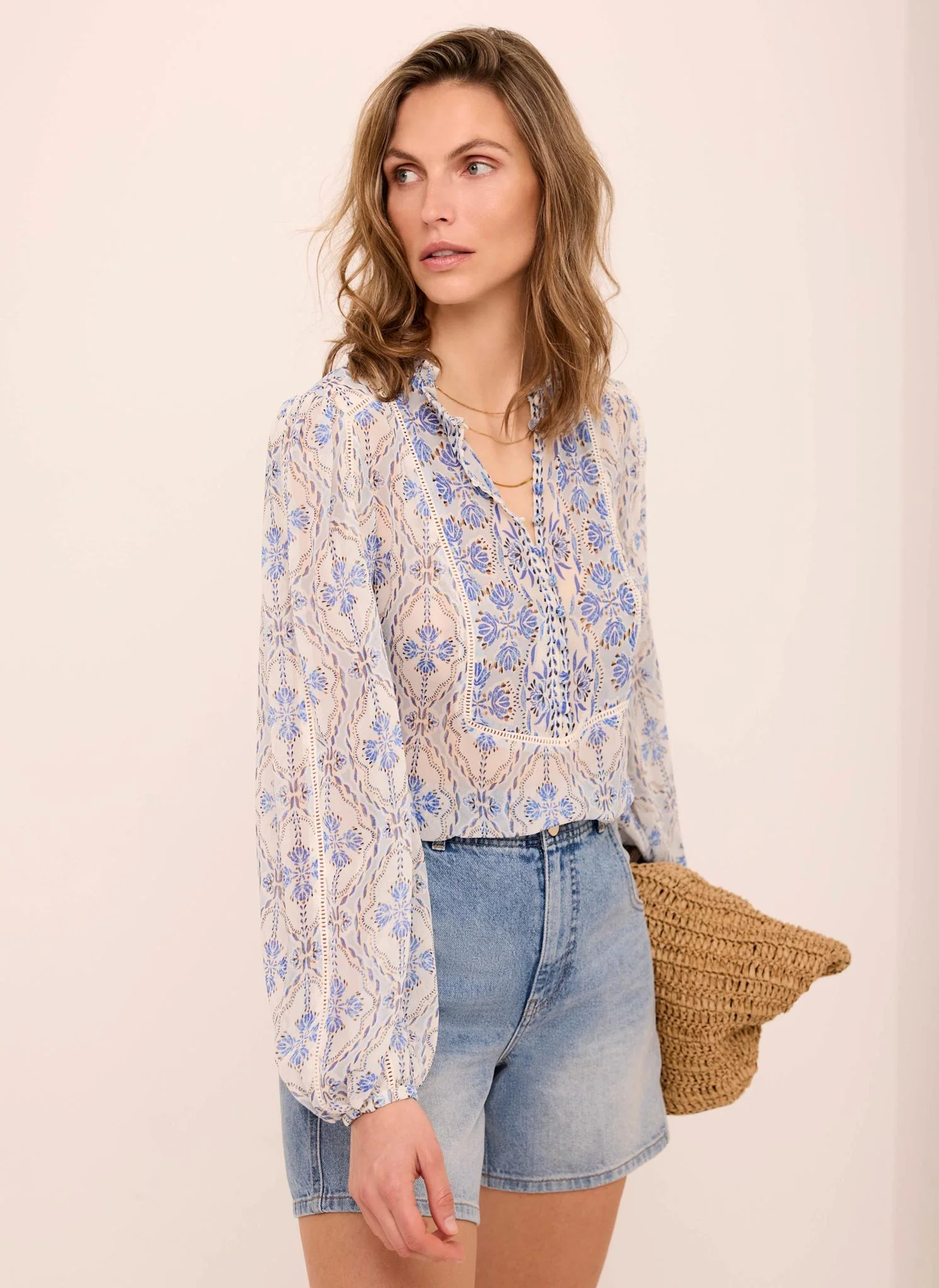 Blue Geo Print Ruffle Blouse