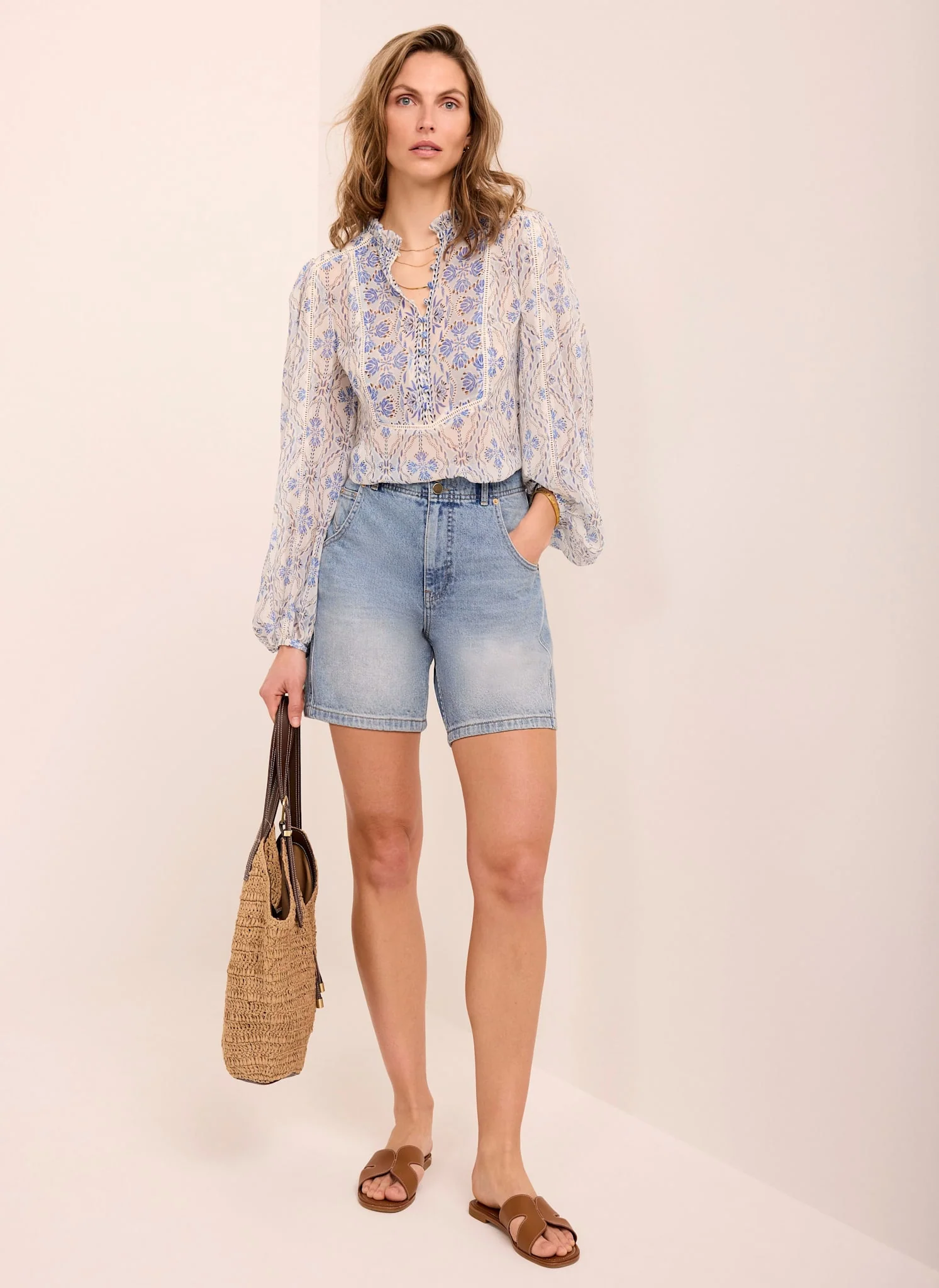 Blue Geo Print Ruffle Blouse