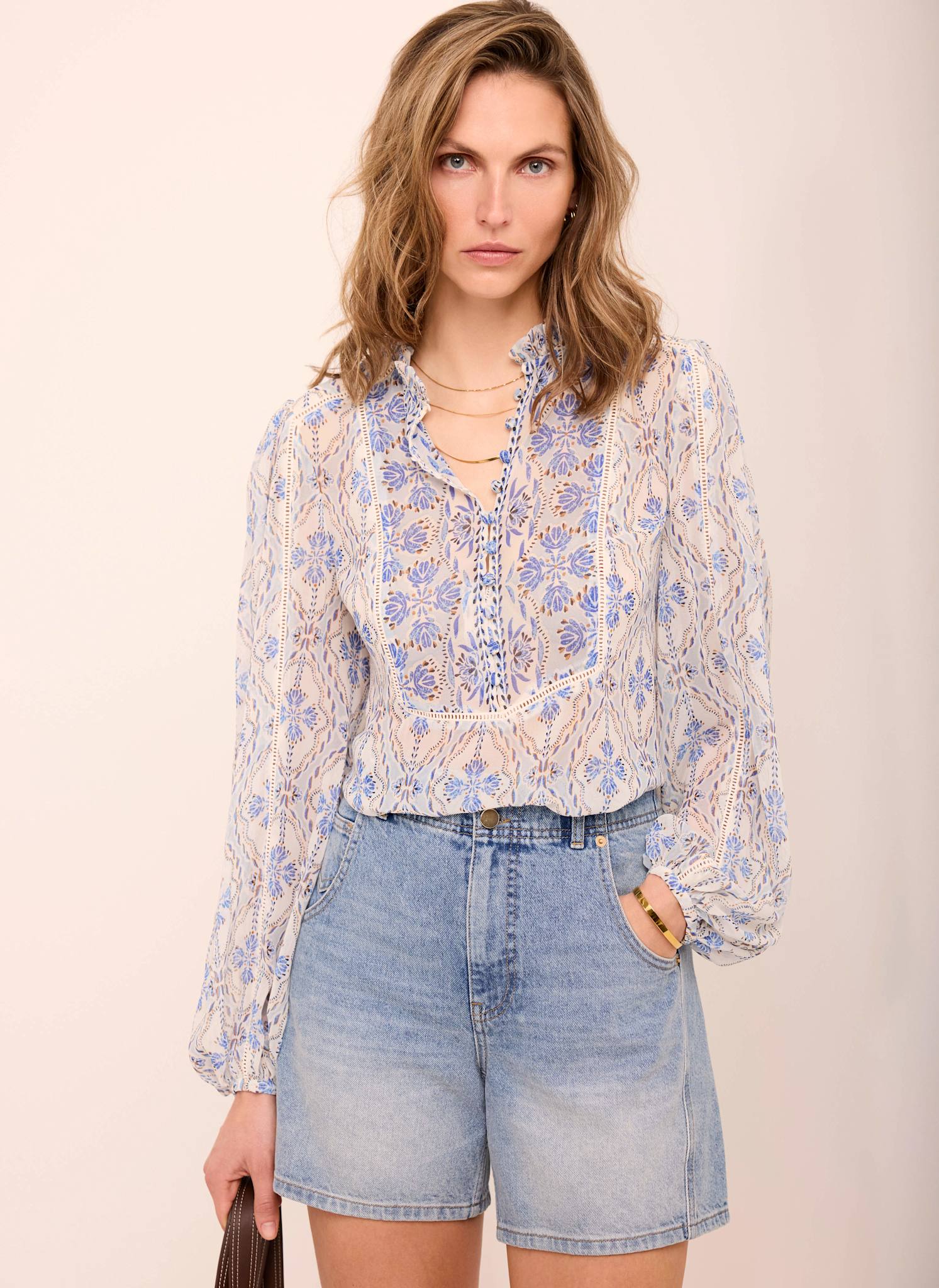 Blue Geo Print Ruffle Blouse